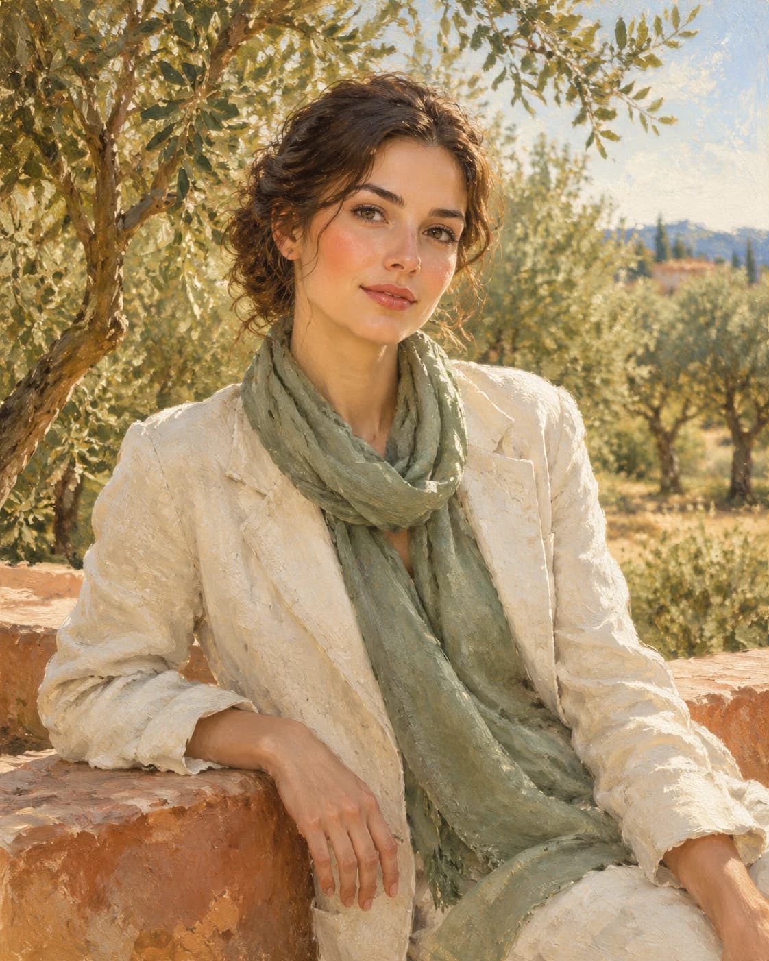 Olive Grove Poet: Olive Grove Poet: a sunlit olive grove with a low terracotta wall, with a cream linen jacket and sage scarf.