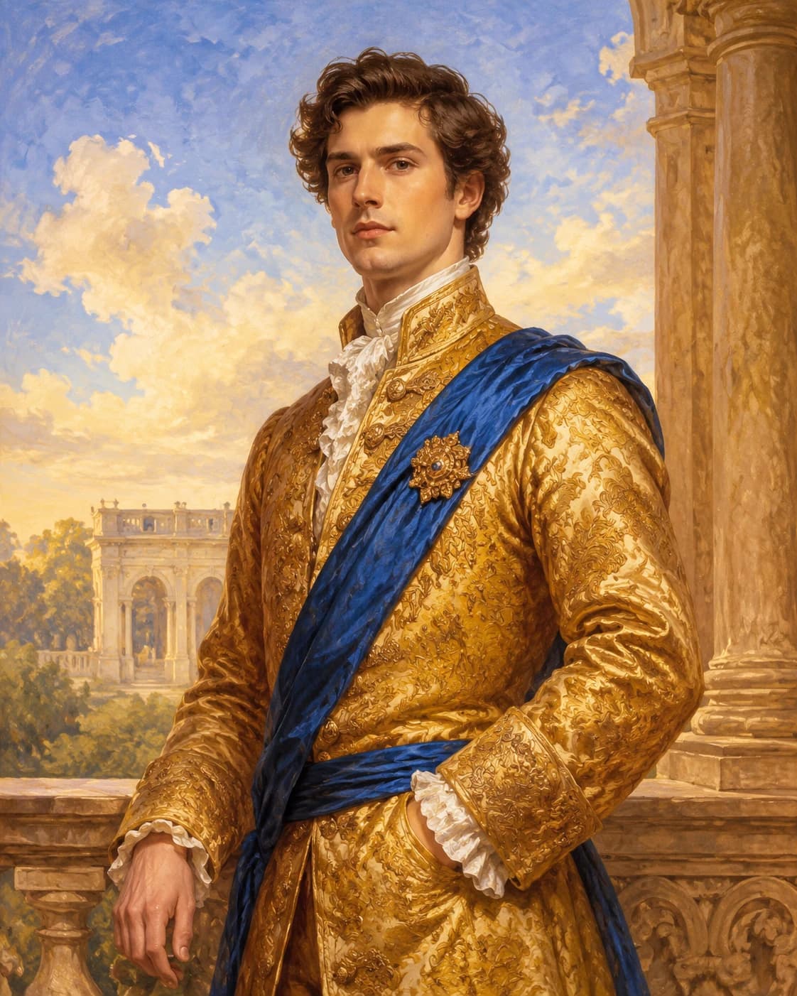 Golden Falcon Courtier: Golden Falcon Courtier: an invented palace falconry terrace without animals, with a gold brocade coat with a cobalt sash.