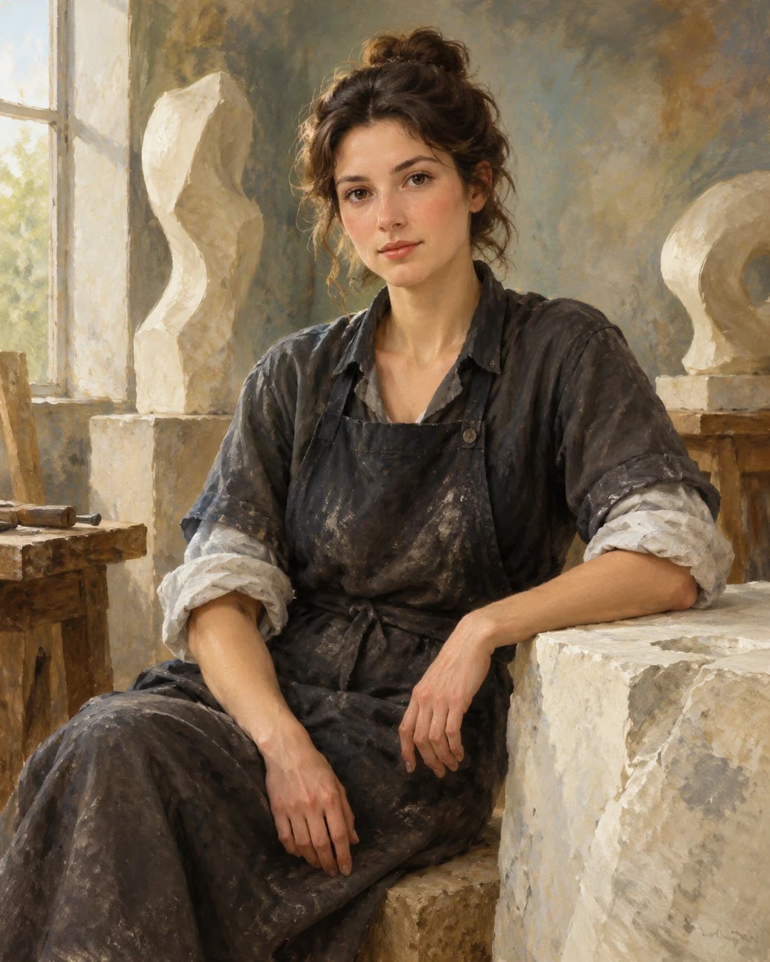 Marble Gallery Sculptor: Marble Gallery Sculptor: an airy studio with abstract stone forms and no human statues, with a charcoal artist smock and rolled linen sleeves.
