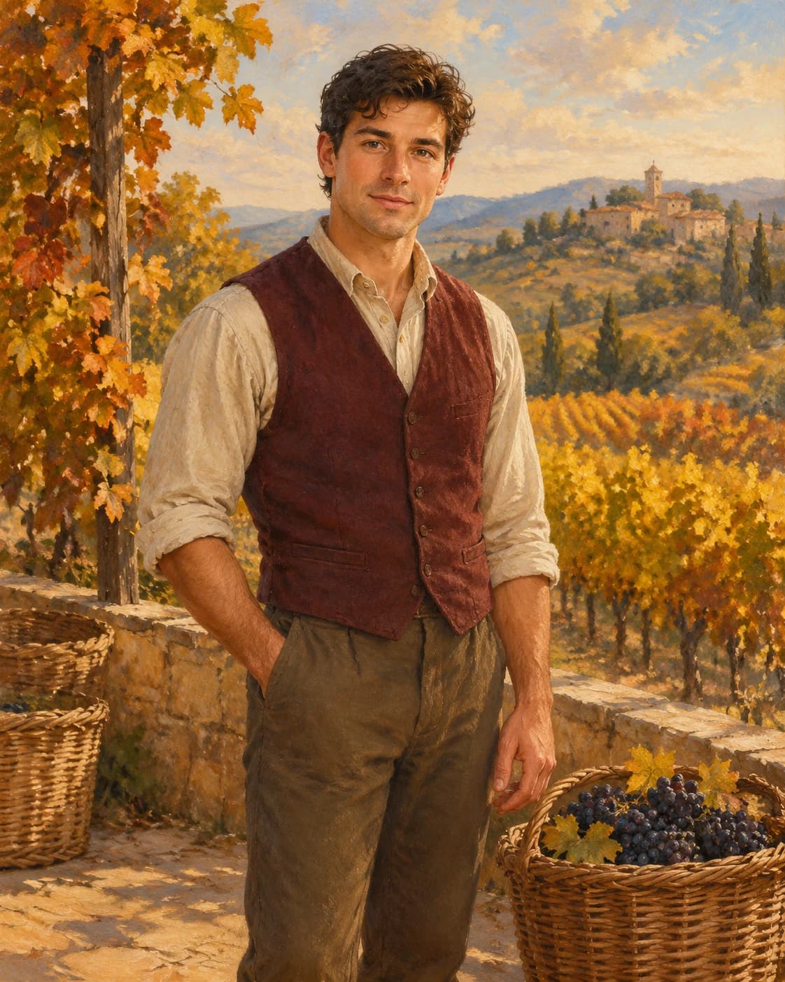 Autumn Vineyard Steward: Autumn Vineyard Steward: an amber vineyard terrace with woven harvest baskets, with a burgundy vest and oatmeal shirt.