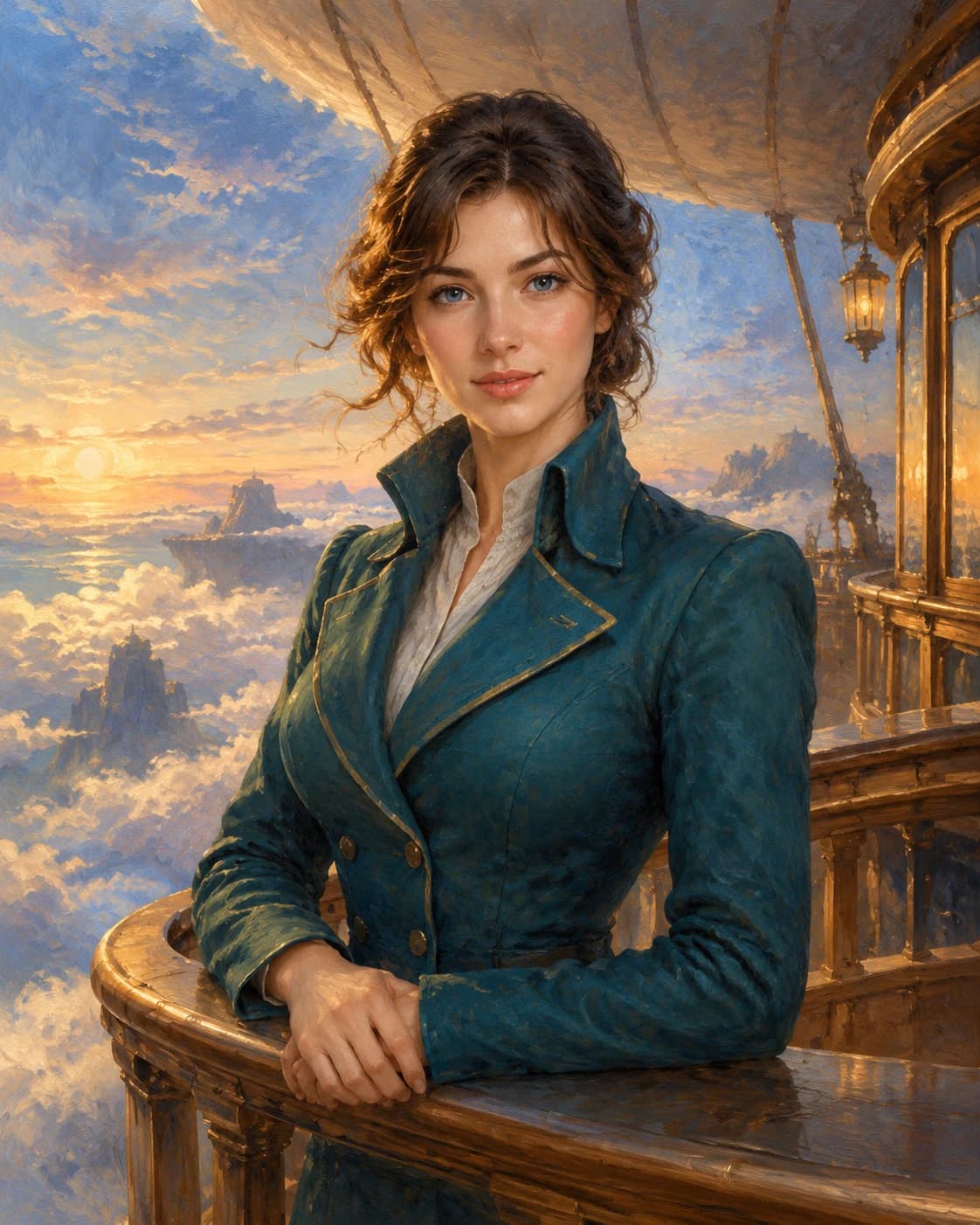 Starlit Airship Captain: Starlit Airship Captain: a fictional airship observation deck above clouds, with a teal fitted captain coat without badges.