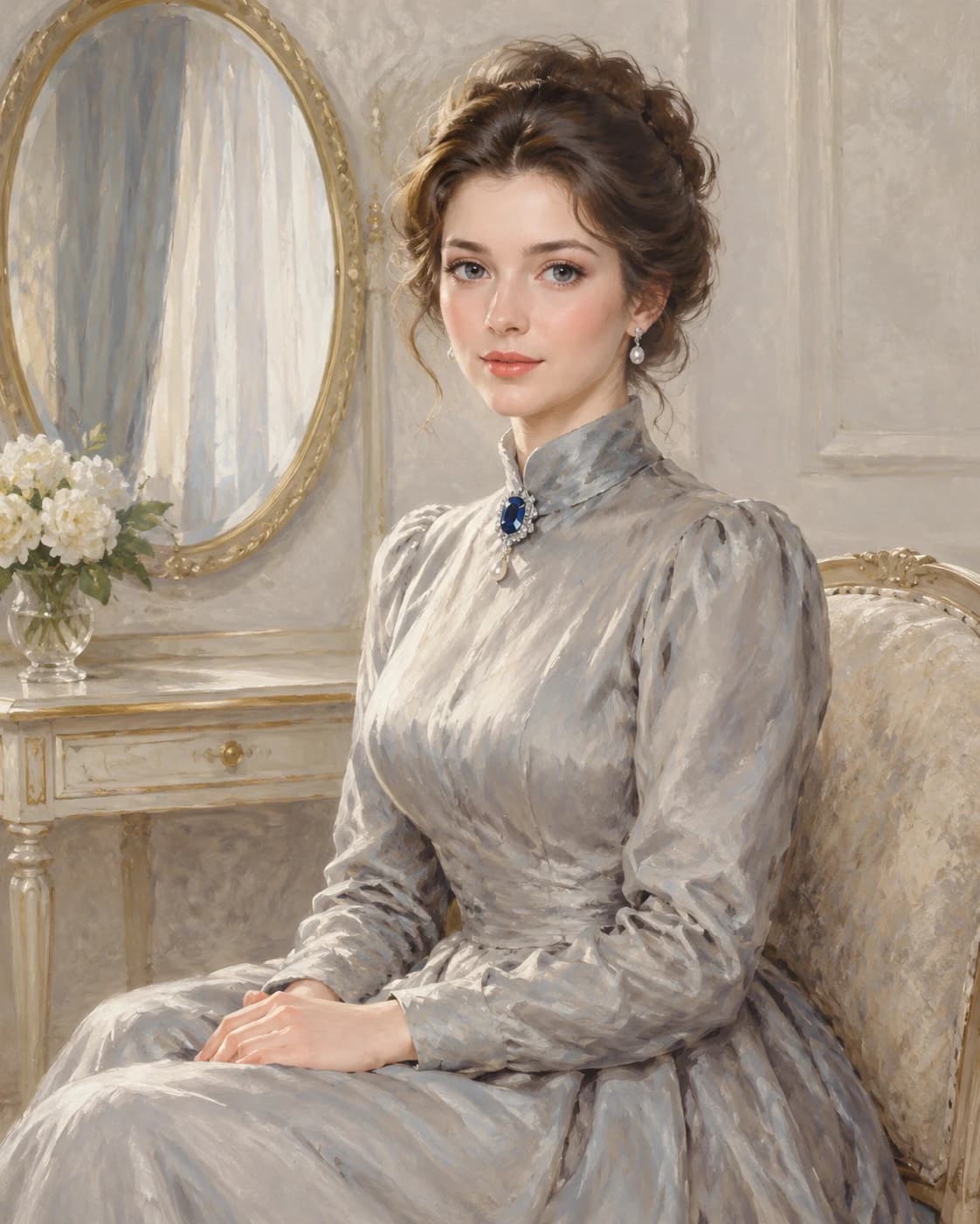 Pearl Salon Heiress: Pearl Salon Heiress: a pale salon with an oval mirror reflecting only curtains, with a pearl-gray high-neck gown with a sapphire brooch.