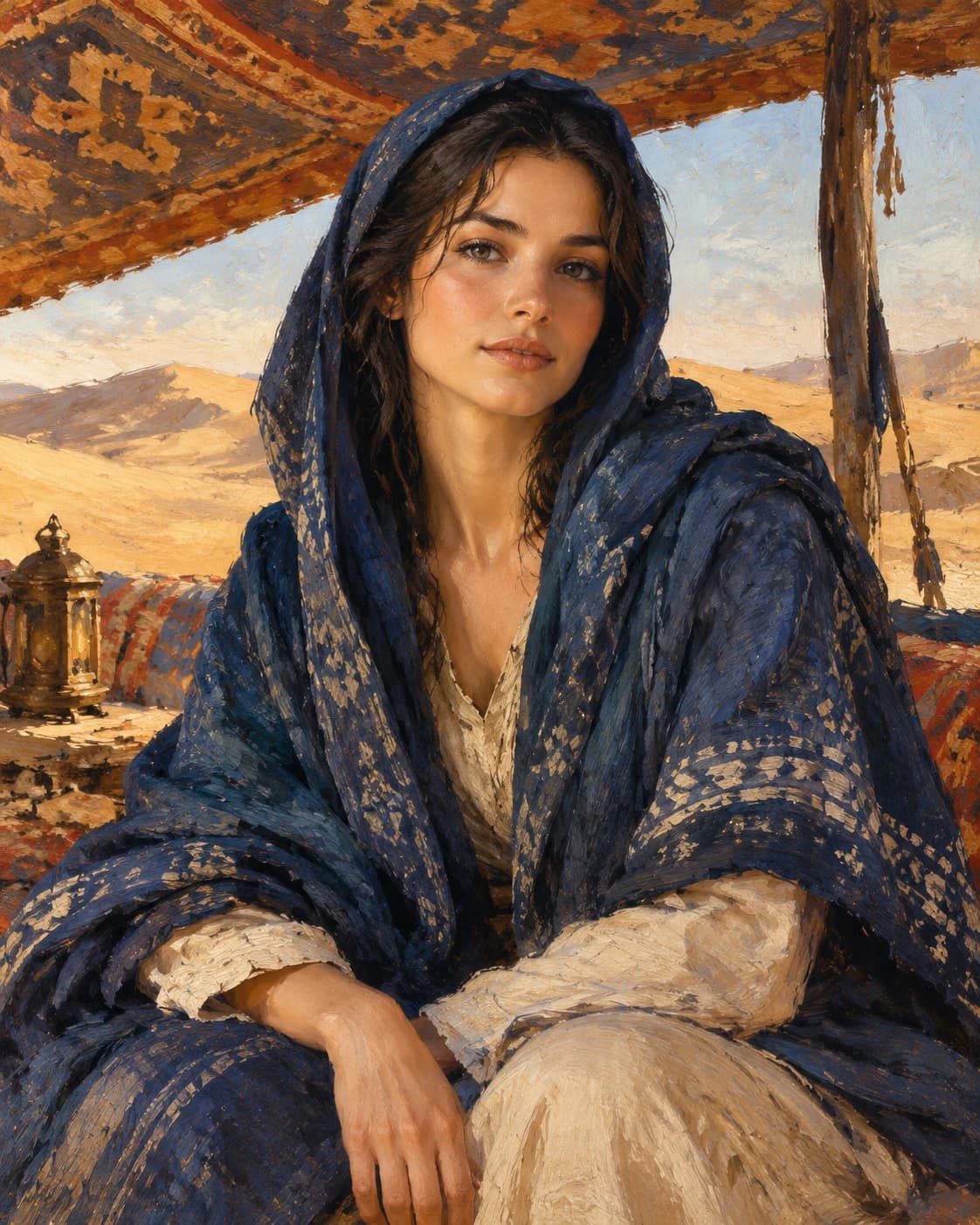 Indigo Desert Traveler: Indigo Desert Traveler: a fictional dune camp with patterned shade cloth, with an indigo travel cloak over sand-colored linen.