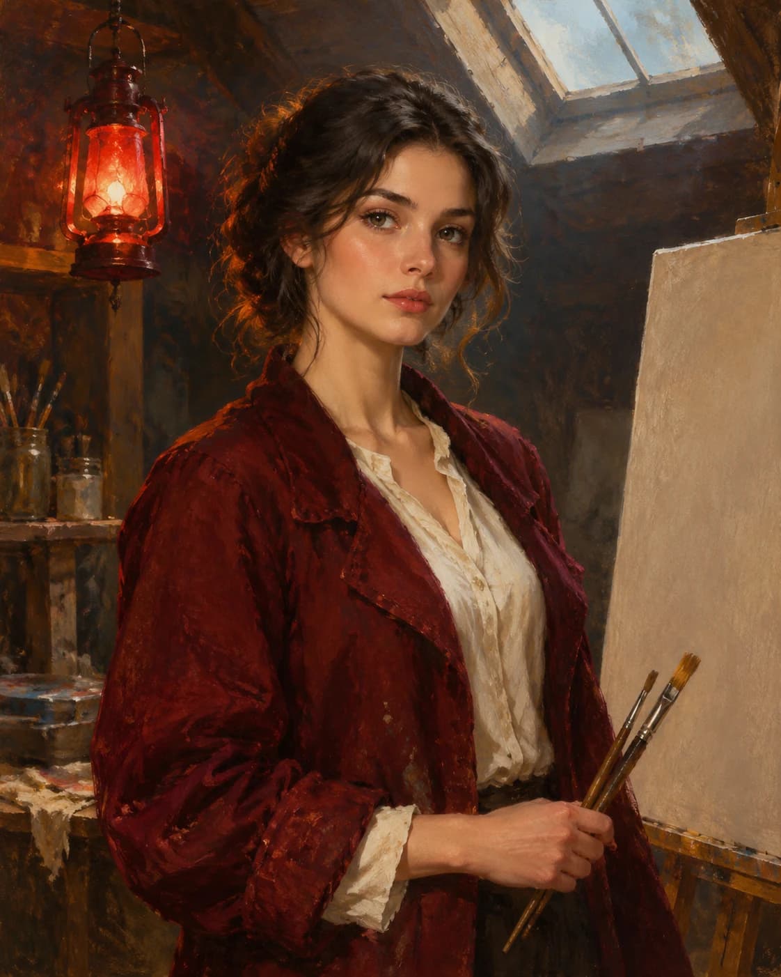 Crimson Lantern Painter: Crimson Lantern Painter: an old atelier lit by one red lantern and a skylight, with a dark crimson painter jacket over a cream blouse.