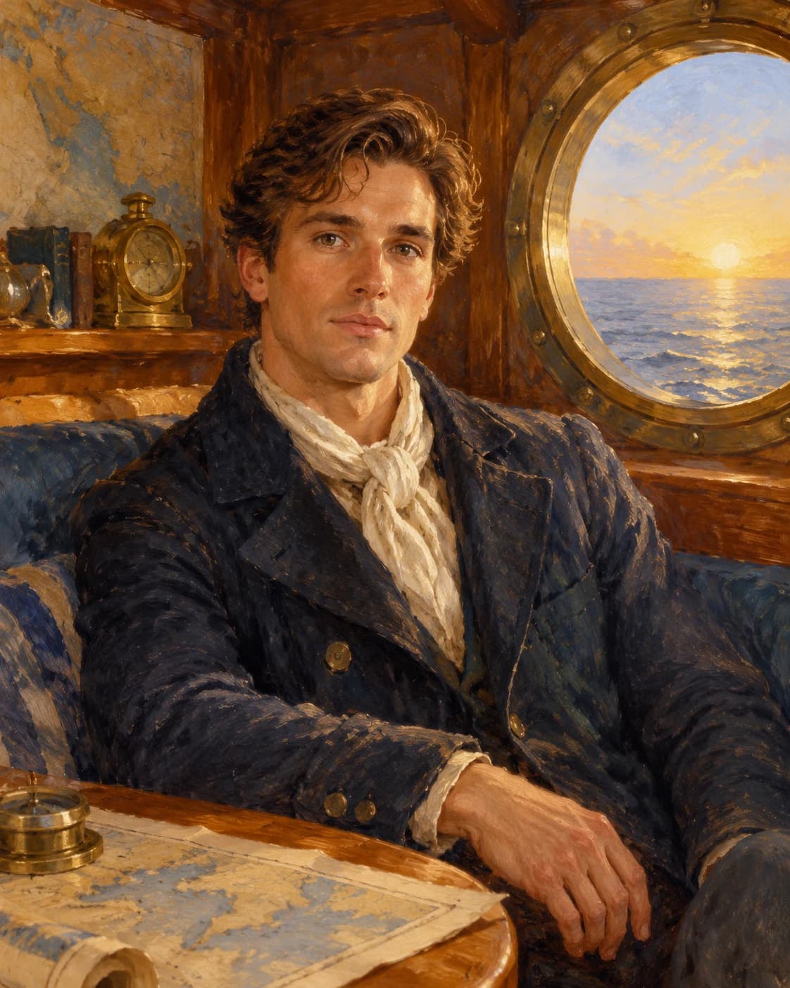 Sunrise Harbor Navigator: Sunrise Harbor Navigator: a sunlit sailing cabin with map shapes but no text, with a navy linen coat and cream neck scarf.