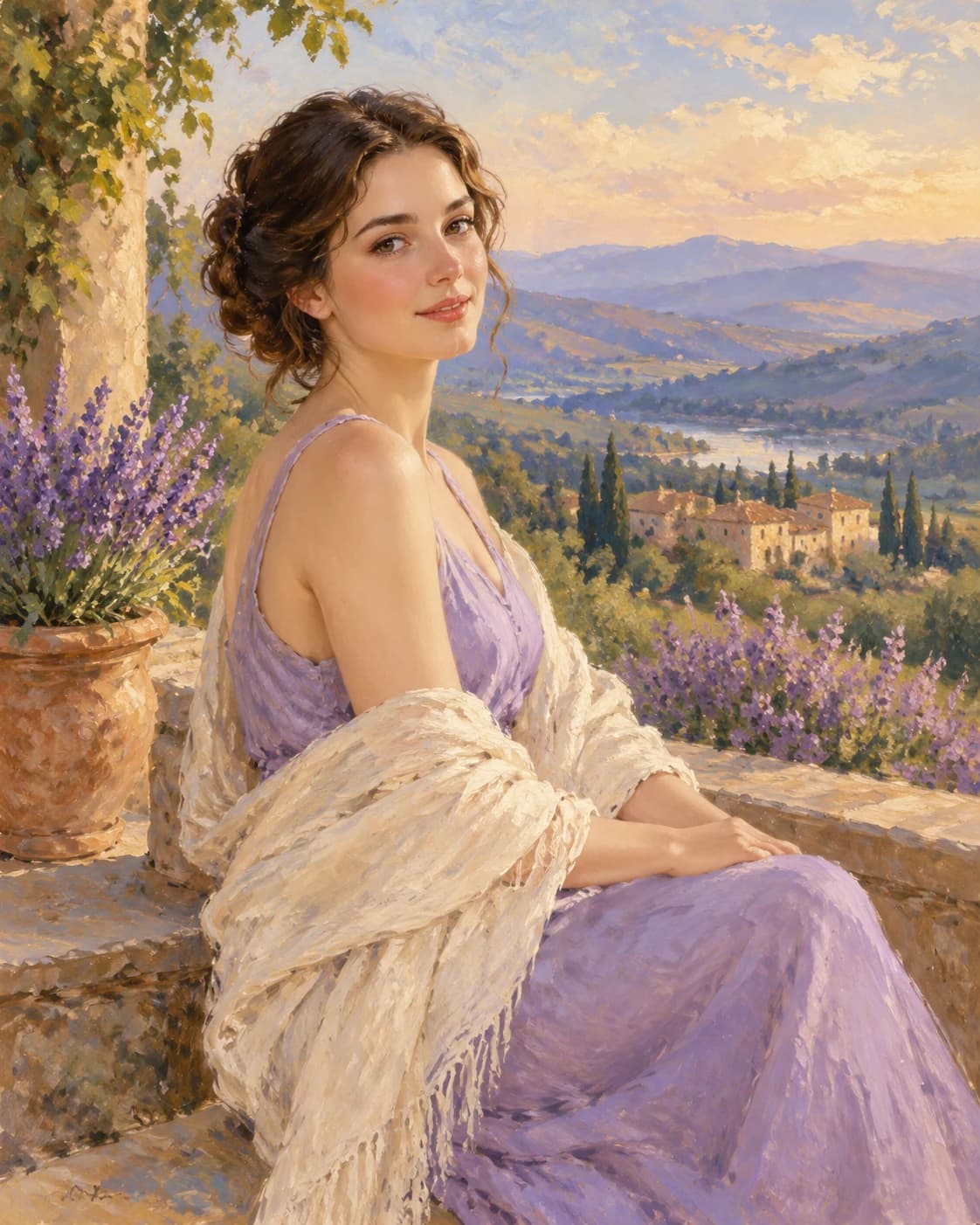 Lilac Terrace Dreamer: Lilac Terrace Dreamer: a lavender terrace overlooking a distant valley, with a soft lilac dress with an ivory shawl.