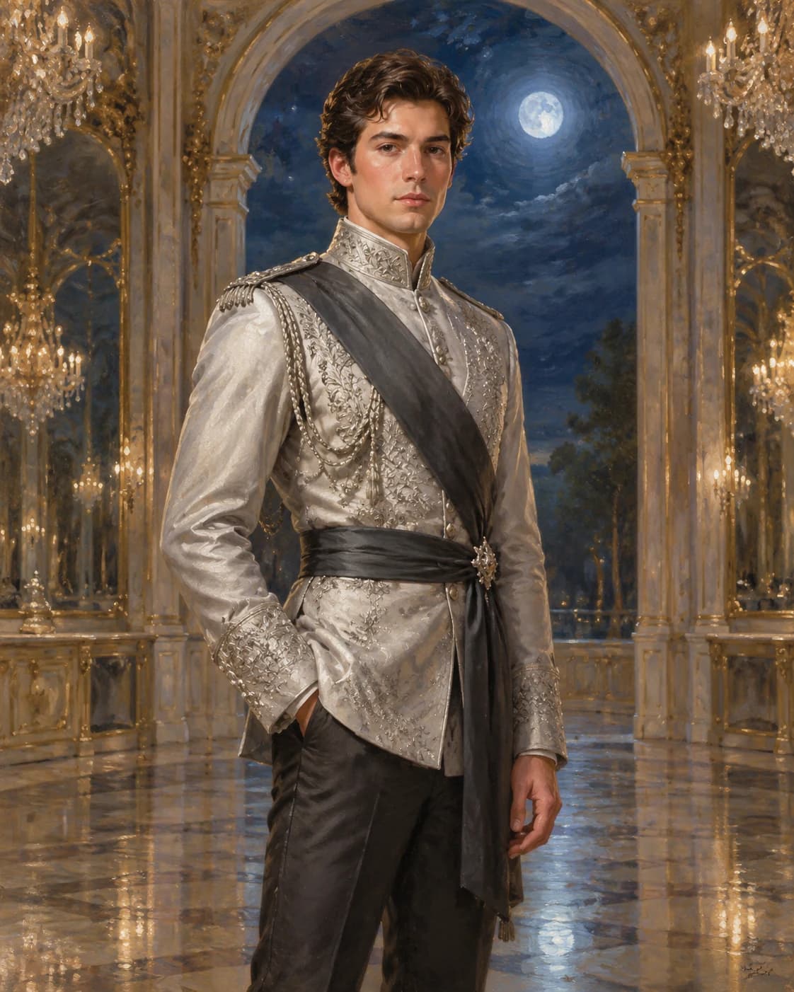 Silver Ballroom Regent: Silver Ballroom Regent: a moonlit mirrored ballroom with no reflected figures, with a silver ceremonial jacket and charcoal sash.