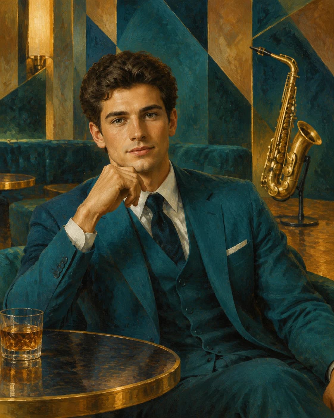 Teal Jazz Lounge Portrait: Teal Jazz Lounge Portrait: a geometric lounge with an unoccupied brass instrument on a stand, with a tailored teal evening suit.