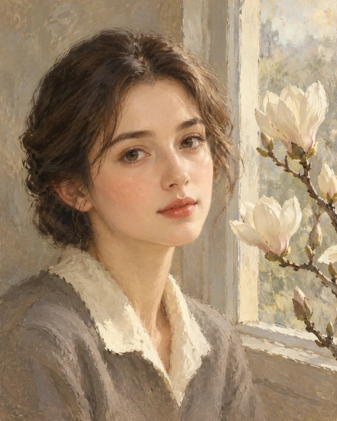 Magnolia Window Remembrance: Magnolia Window Remembrance: a quiet window with a single magnolia branch, with simple warm-gray clothing with an ivory collar.