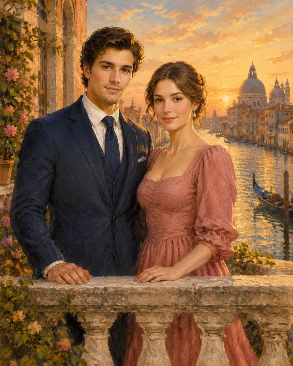 Venetian Balcony Partners: Venetian Balcony Partners: a fictional canal balcony at golden hour, with coordinated navy and dusty-rose formal attire.