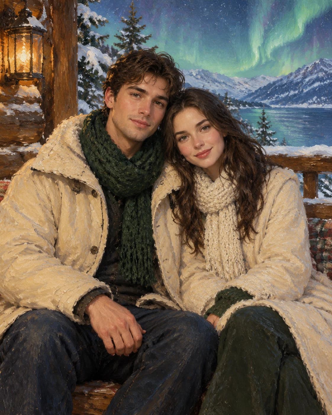 Aurora Winter Sweethearts: Aurora Winter Sweethearts: a snowy lodge veranda beneath a subtle aurora, with cream and forest winter coats with knitted scarves.