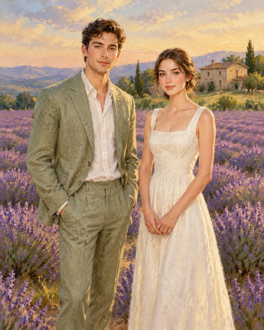 Lavender Field Promise: Lavender Field Promise: a lavender field with a distant stone farmhouse, with sage linen suit and modest ivory summer dress.