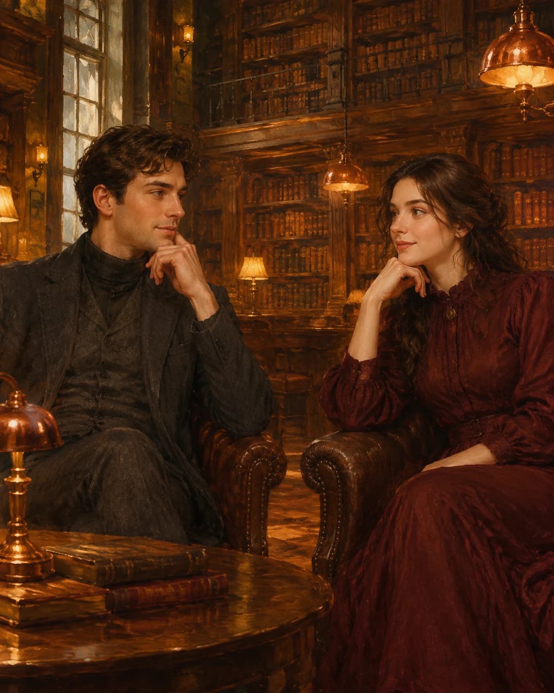 Copper Library Companions: Copper Library Companions: a two-story library with warm copper lamps, with complementary charcoal and burgundy scholarly clothing.