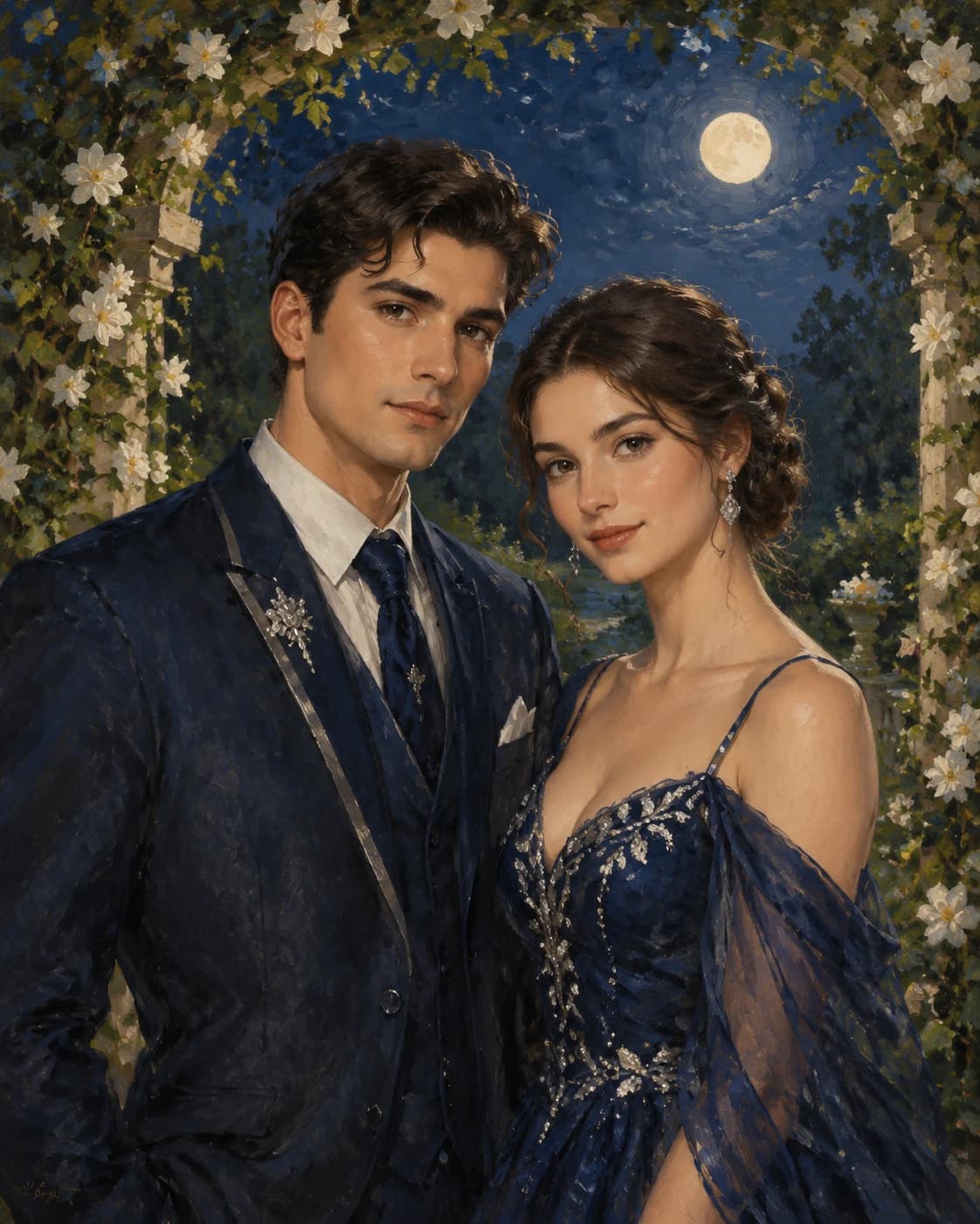 Midnight Garden Vows: Midnight Garden Vows: a moonlit garden pergola with white climbing flowers, with midnight-blue evening attire with silver accents.