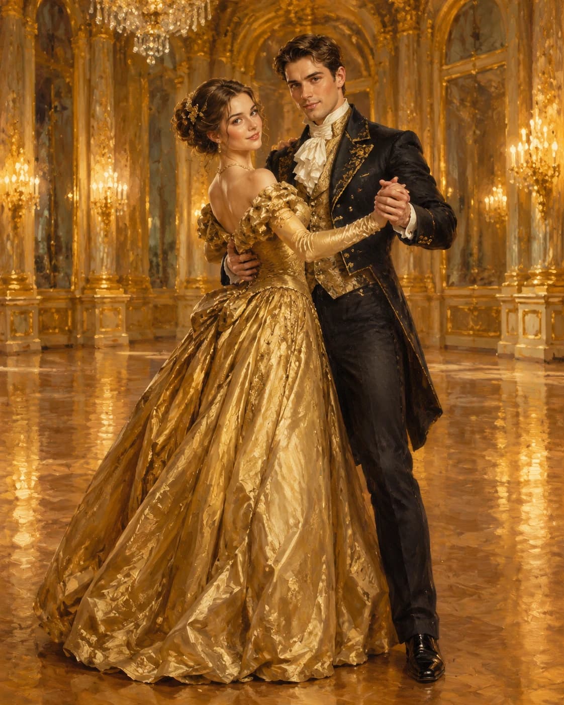 Golden Ballroom Duet: Golden Ballroom Duet: an empty gilded ballroom with polished floor, with antique-gold and black court-inspired formalwear.