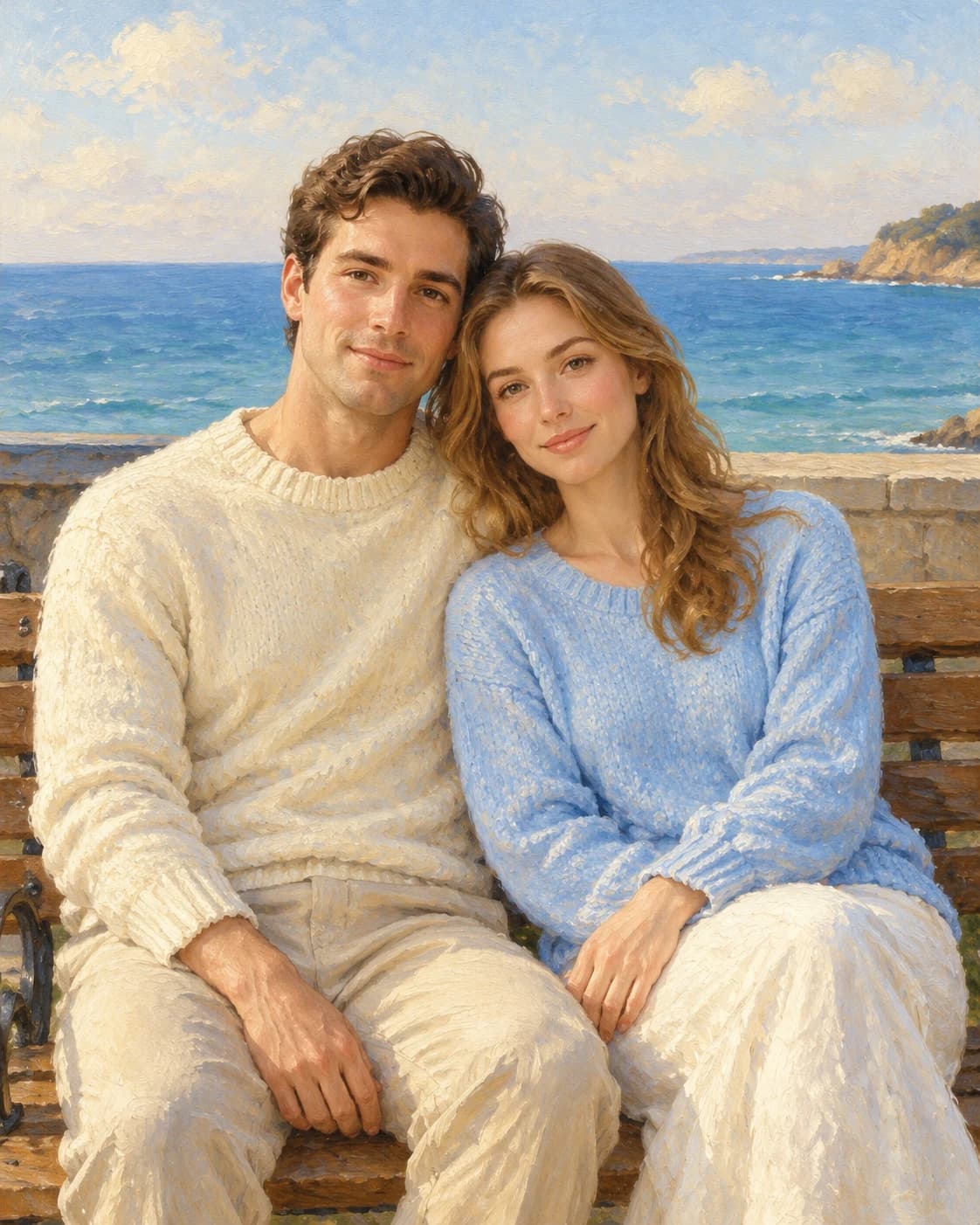 Seaside Anniversary Bench: Seaside Anniversary Bench: a coastal promenade with a calm blue horizon, with cream and pale-blue contemporary knitwear.
