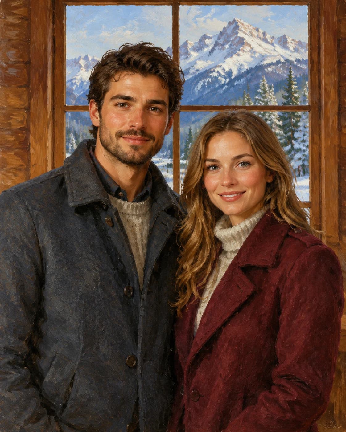 Mountain Lodge Partners: Mountain Lodge Partners: a timber lodge window overlooking snowy peaks, with burgundy and slate wool jackets.