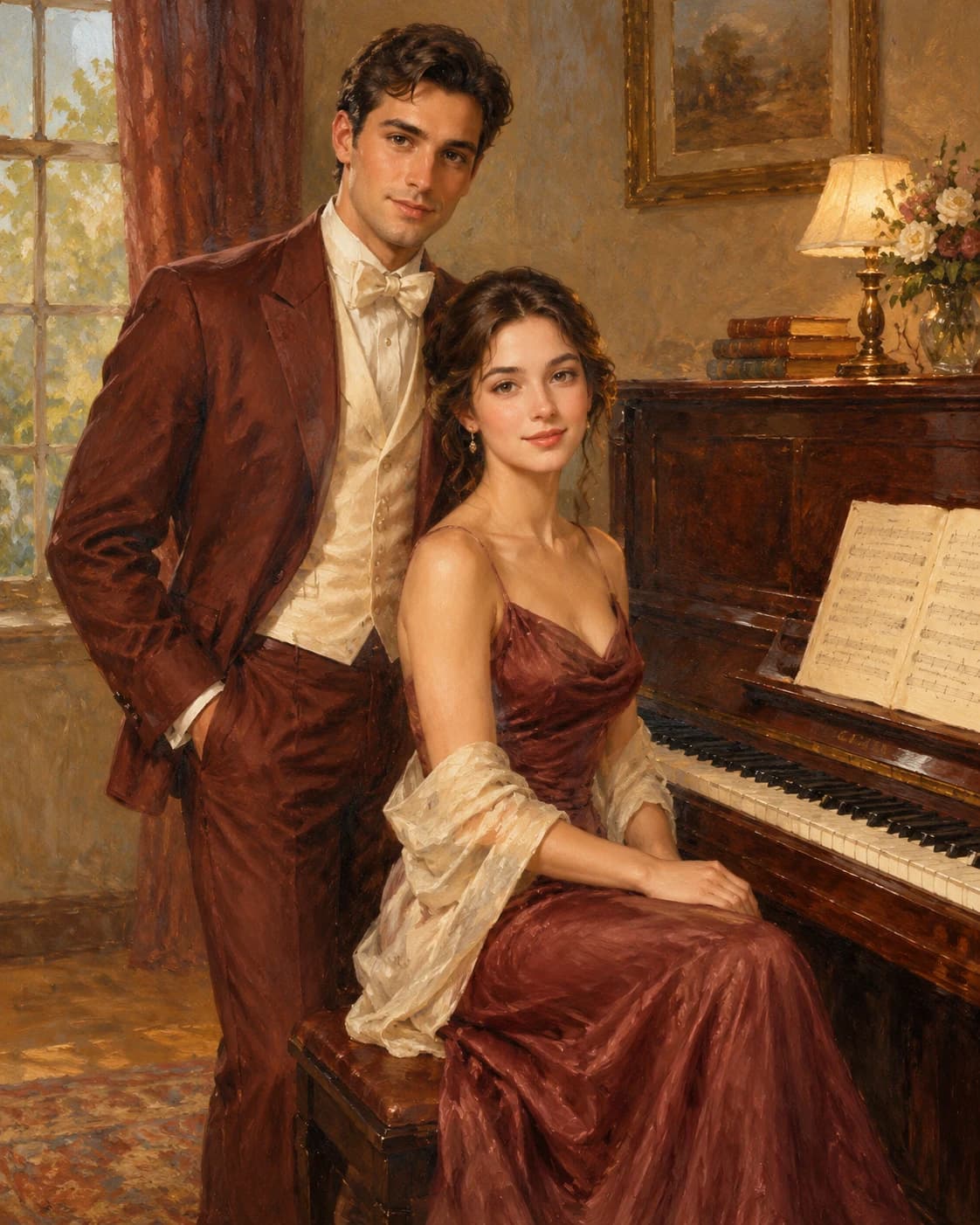 Rosewood Music Room Couple: Rosewood Music Room Couple: an intimate music room with a closed upright piano, with coordinated rosewood and ivory evening clothing.