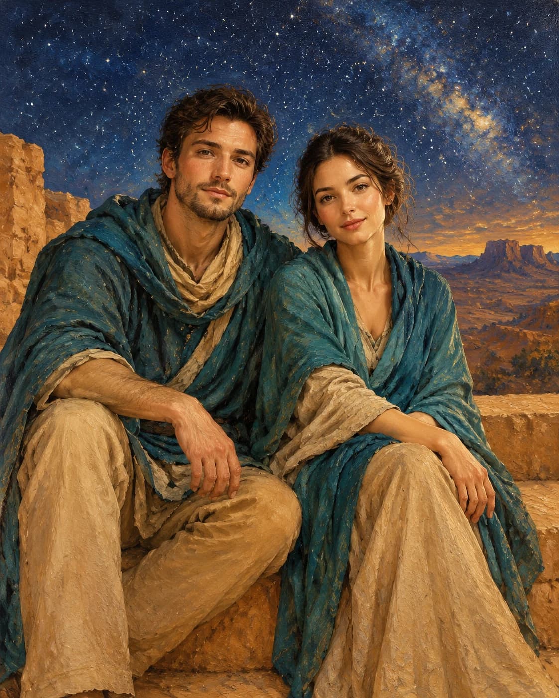 Desert Stargazing Pair: Desert Stargazing Pair: a quiet sandstone terrace beneath a painted night sky, with teal and sand travel cloaks with uncovered heads.