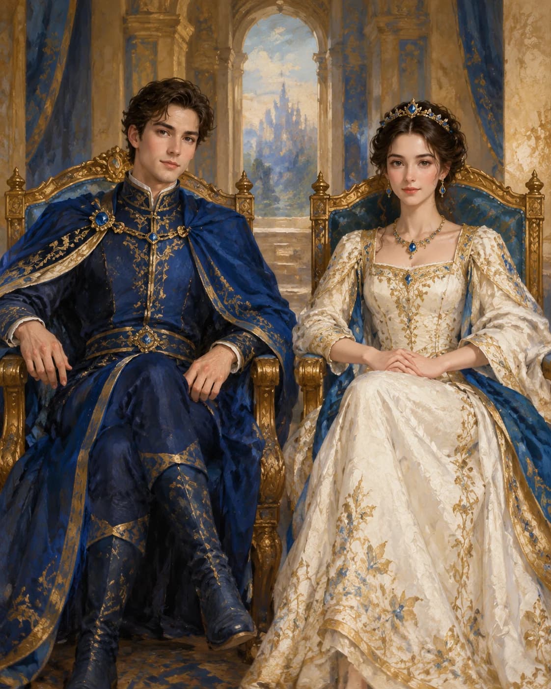Sapphire Court Equals: Sapphire Court Equals: a fictional palace room with two matching carved chairs, with distinct sapphire and ivory ceremonial outfits.