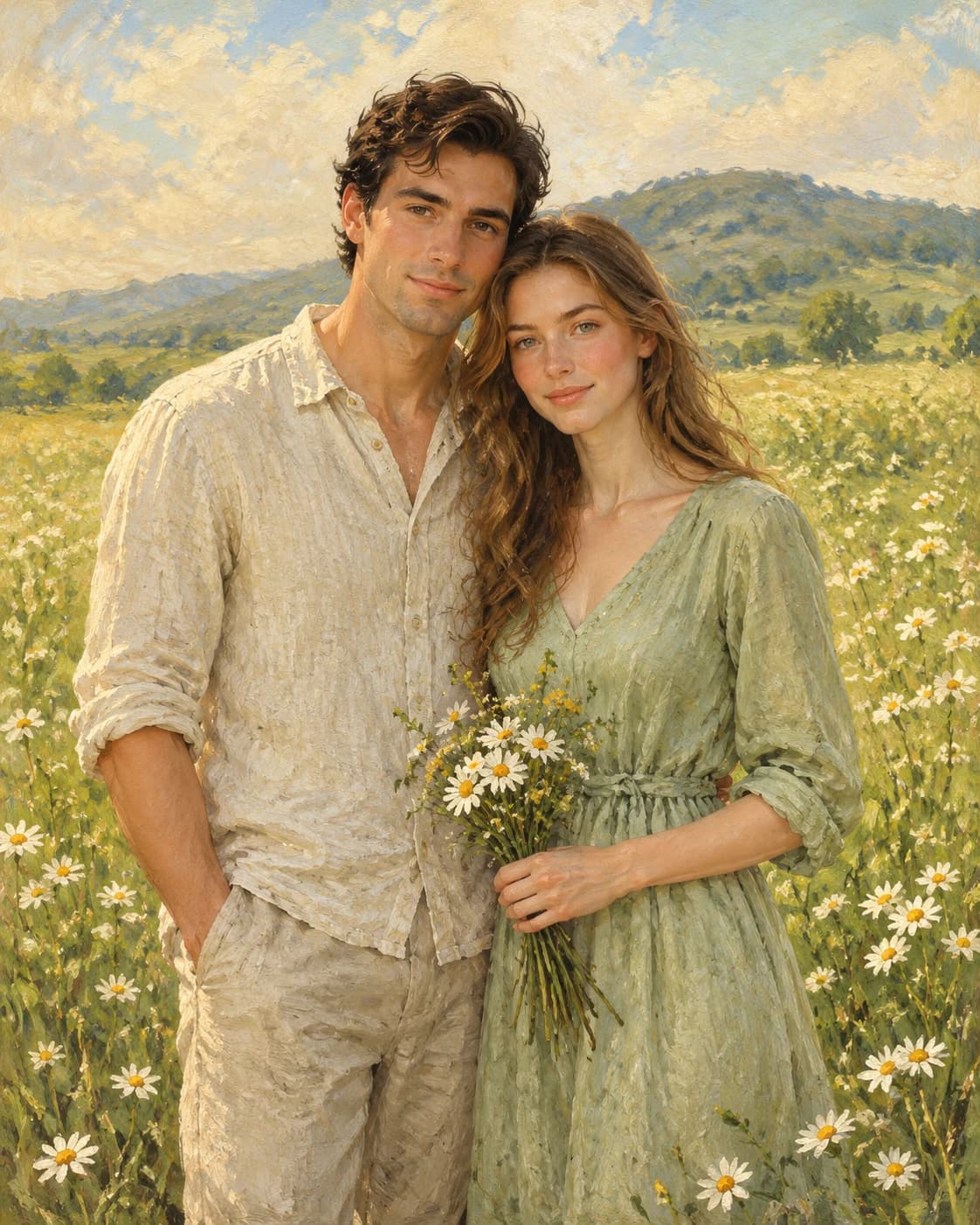 Wildflower Meadow Partners: Wildflower Meadow Partners: a soft meadow with tall daisies and a distant hill, with oatmeal linen and pale sage casual clothing.