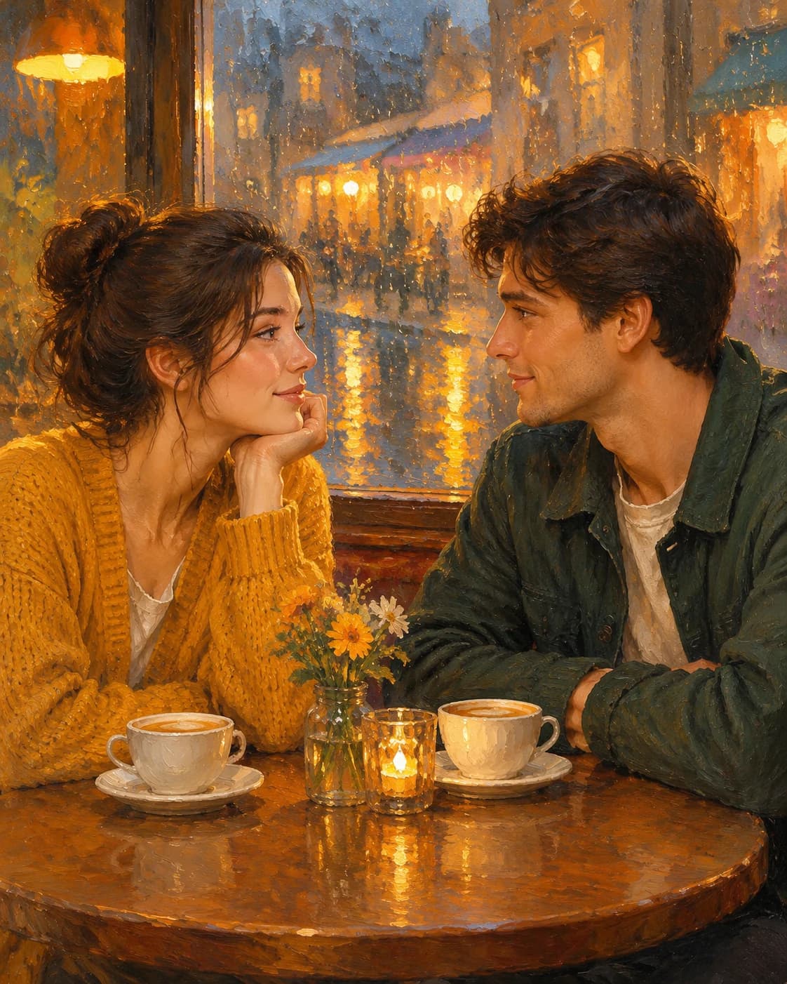 Amber Rainy Cafe Pair: Amber Rainy Cafe Pair: a warm cafe window with abstract rain reflections, with mustard cardigan and dark green casual jacket.