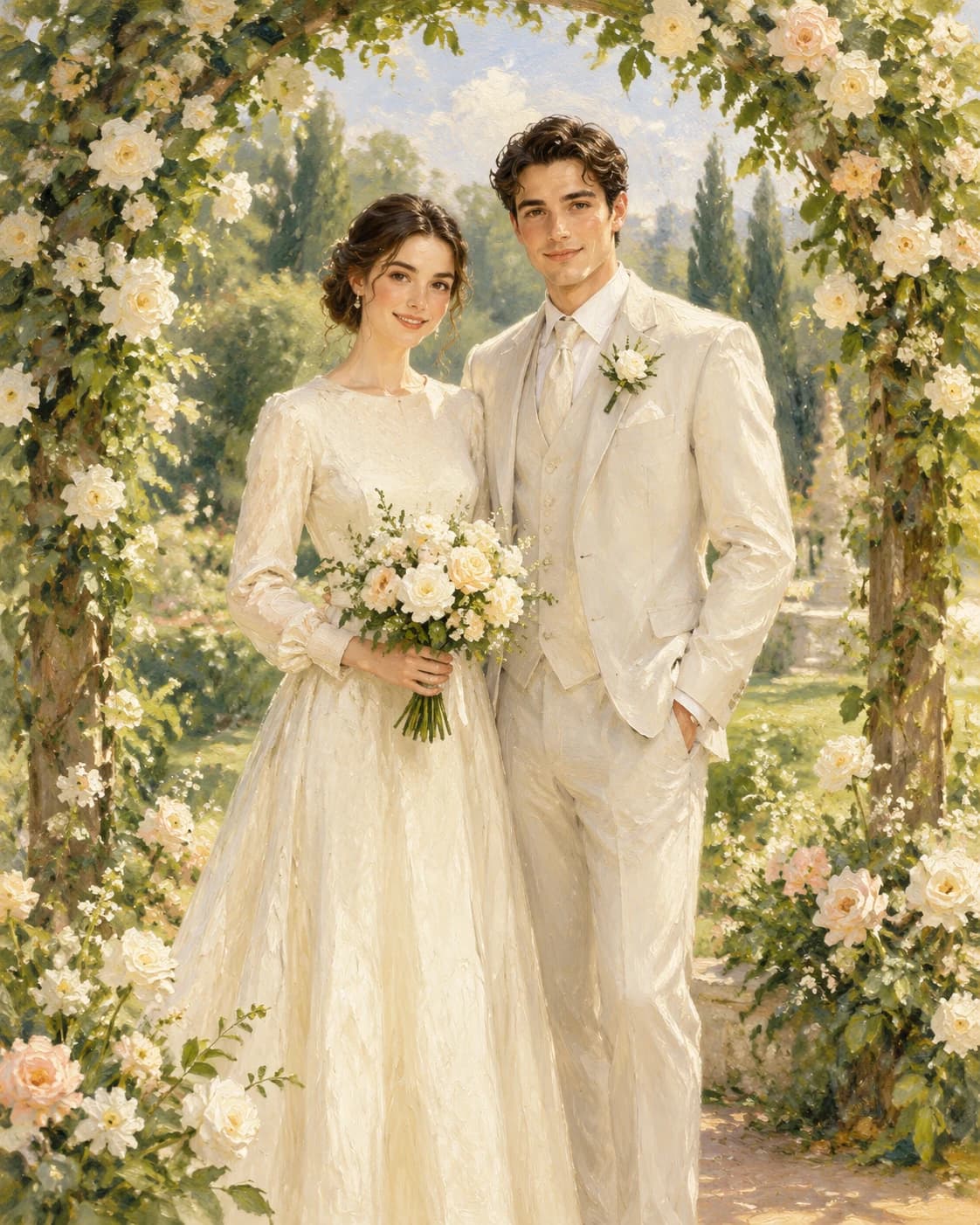 Ivory Garden Wedding: Ivory Garden Wedding: a bright formal garden with a low floral arrangement, with two coordinated modest ivory wedding outfits without veils.