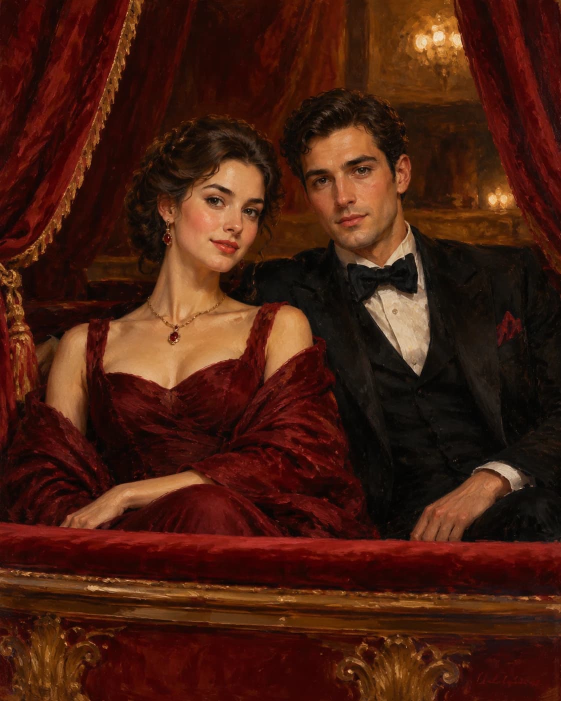 Crimson Opera Balcony Couple: Crimson Opera Balcony Couple: a private opera box with deep crimson drapery, with black and wine-red evening attire.