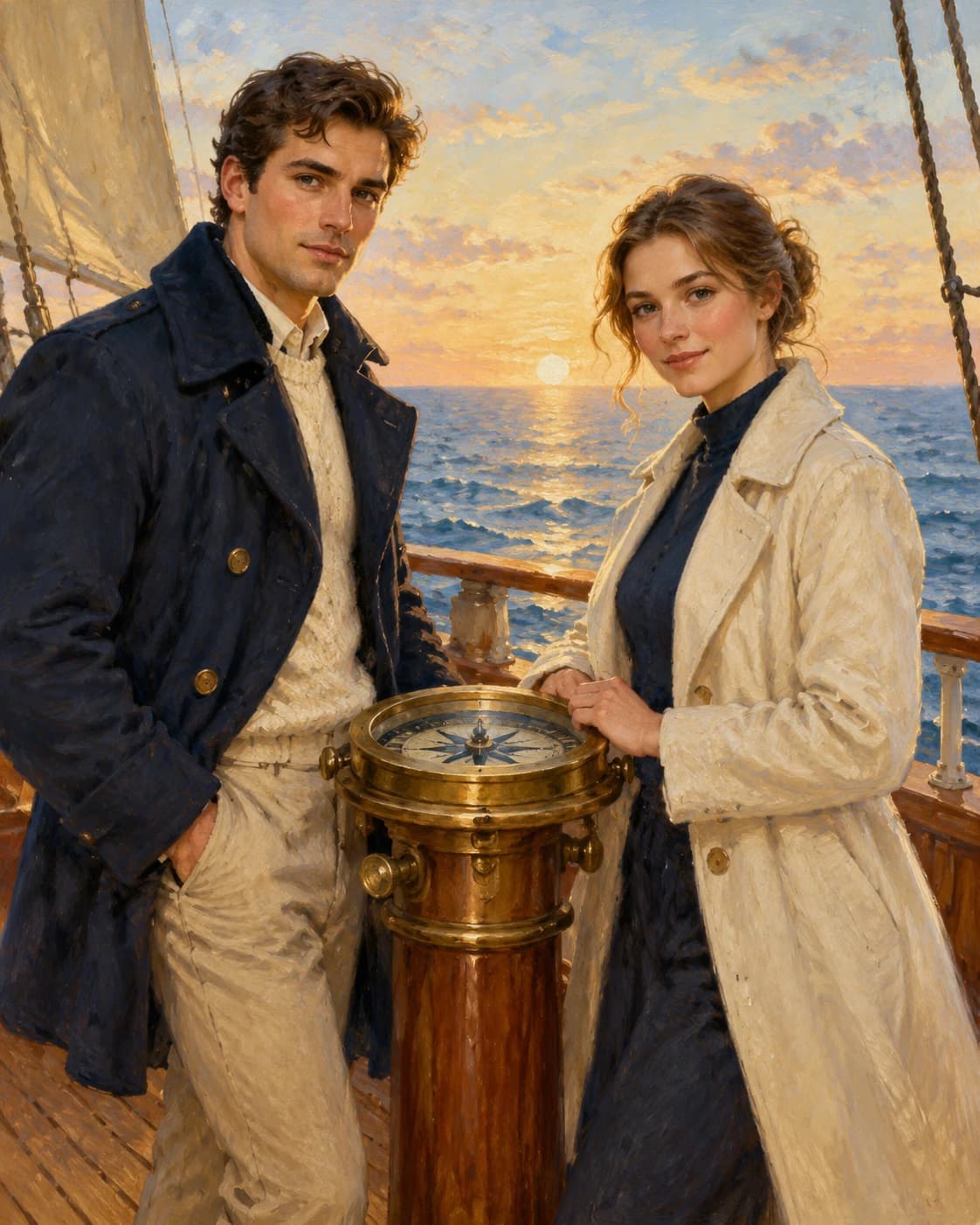 Ocean Voyage Companions: Ocean Voyage Companions: a fictional wooden ship deck at dawn, with navy and cream travel coats with no insignia.