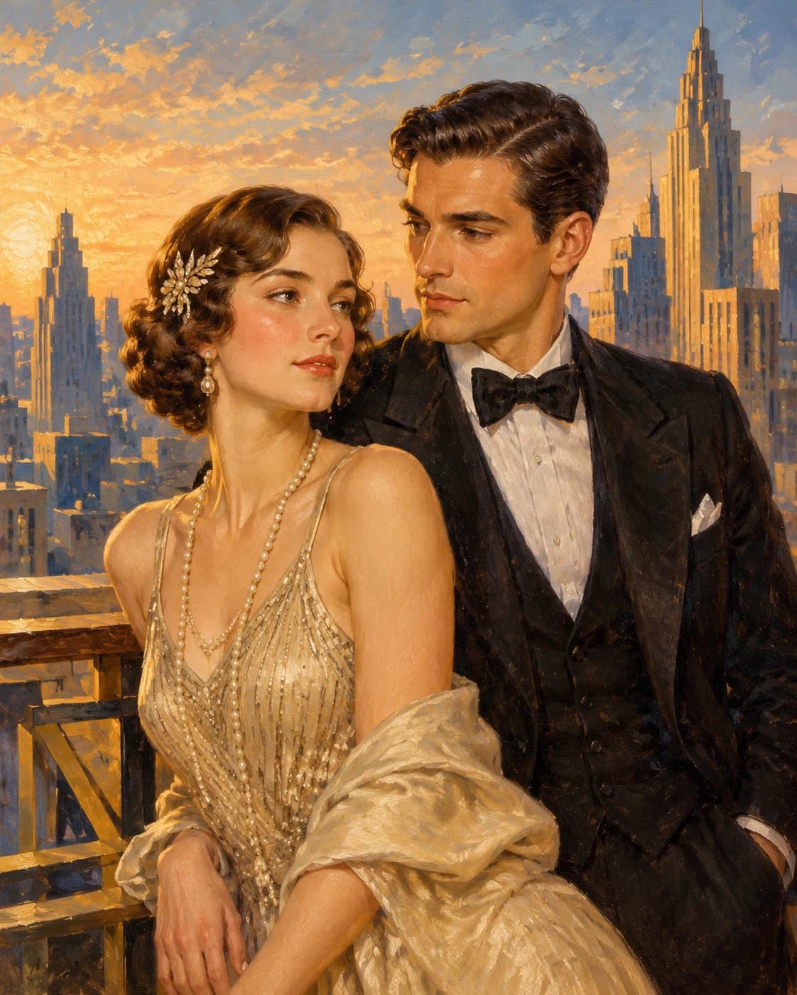 Art Deco Rooftop Romance: Art Deco Rooftop Romance: a stylized city rooftop with geometric railings, with champagne and black 1920s-inspired evening clothing.