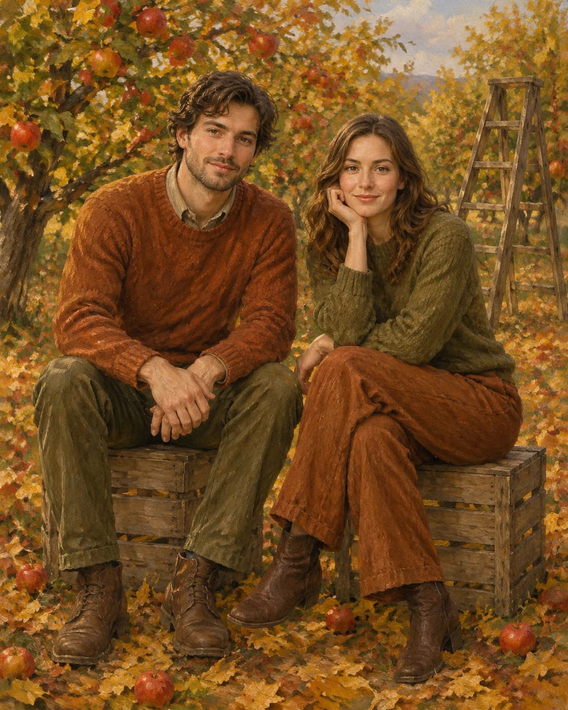 Autumn Orchard Together: Autumn Orchard Together: an apple orchard with fallen leaves and an empty ladder, with rust and olive wool clothing.