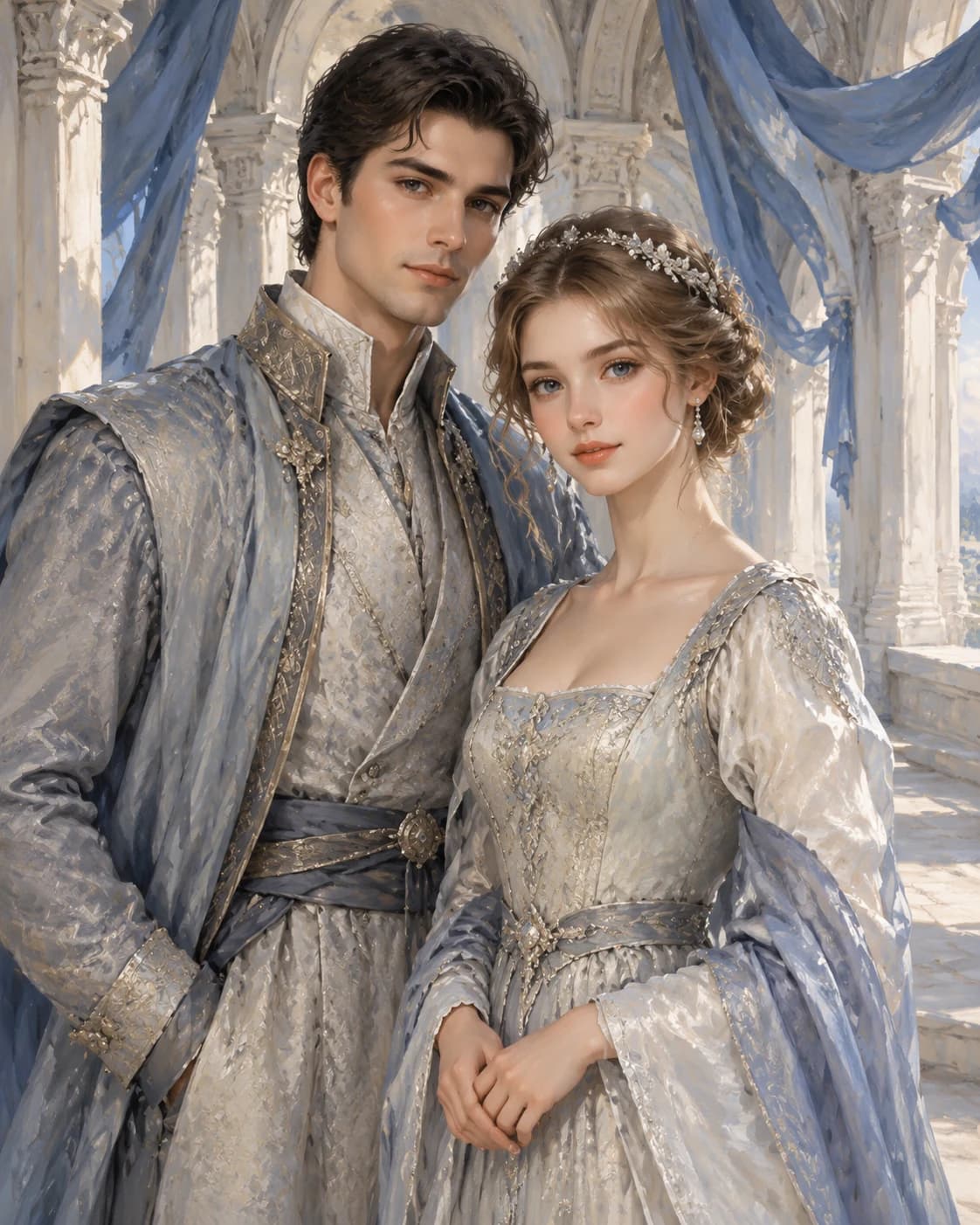 Moonstone Palace Partners: Moonstone Palace Partners: a pale stone palace corridor with hanging blue silk, with moonstone-gray and pearl court attire.