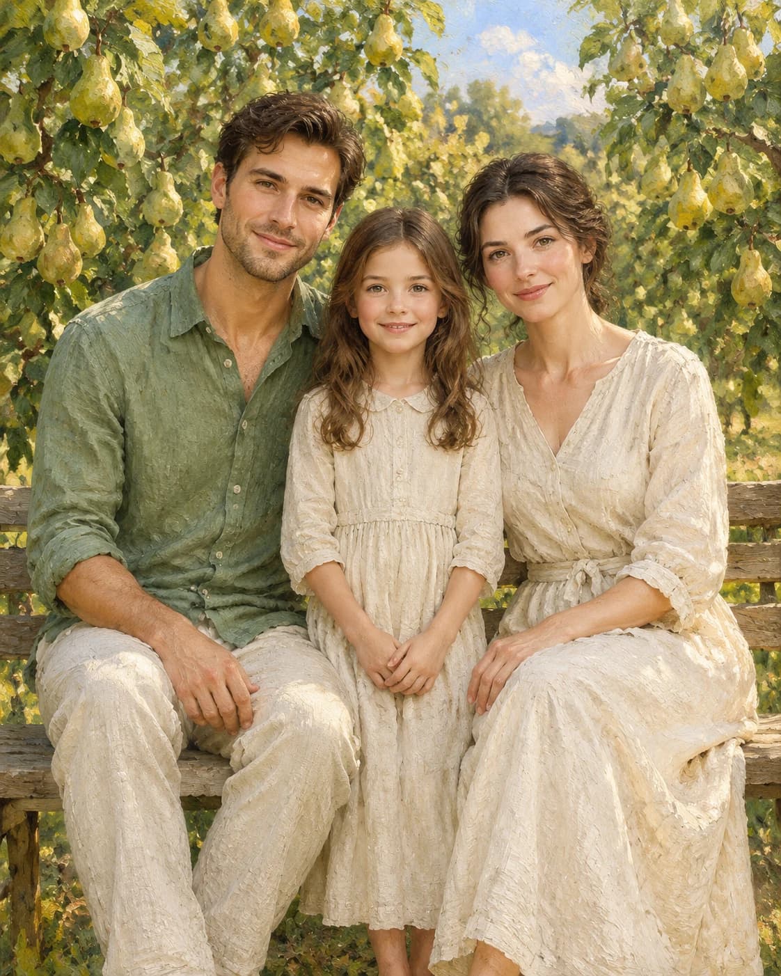 Orchard Family Trio: Orchard Family Trio: a bright pear orchard with one wooden bench, with sage and cream linen outfits.
