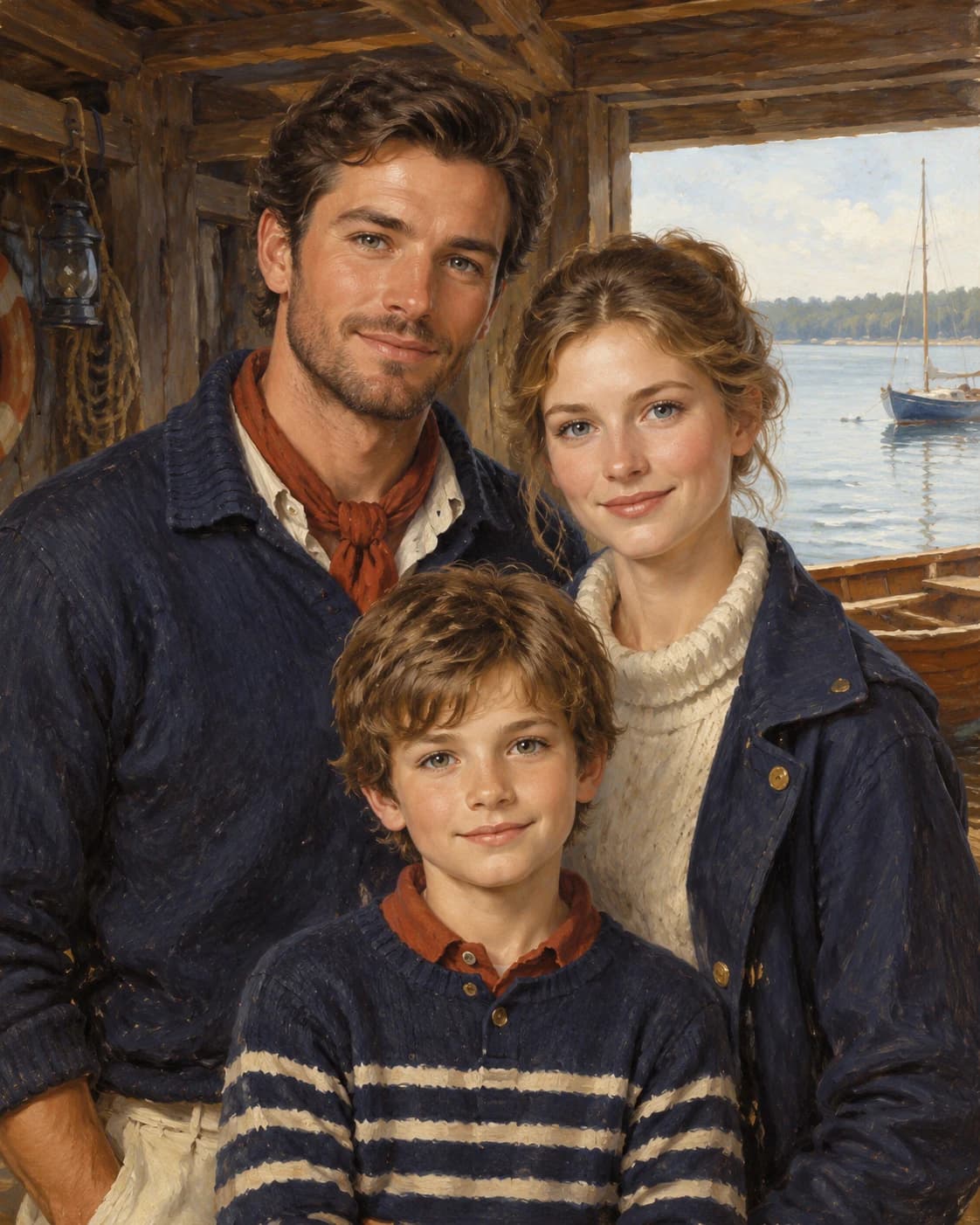 Seafarer Family Three: Seafarer Family Three: a sheltered wooden boathouse overlooking still water, with navy, rust and ivory sailing-inspired clothing.