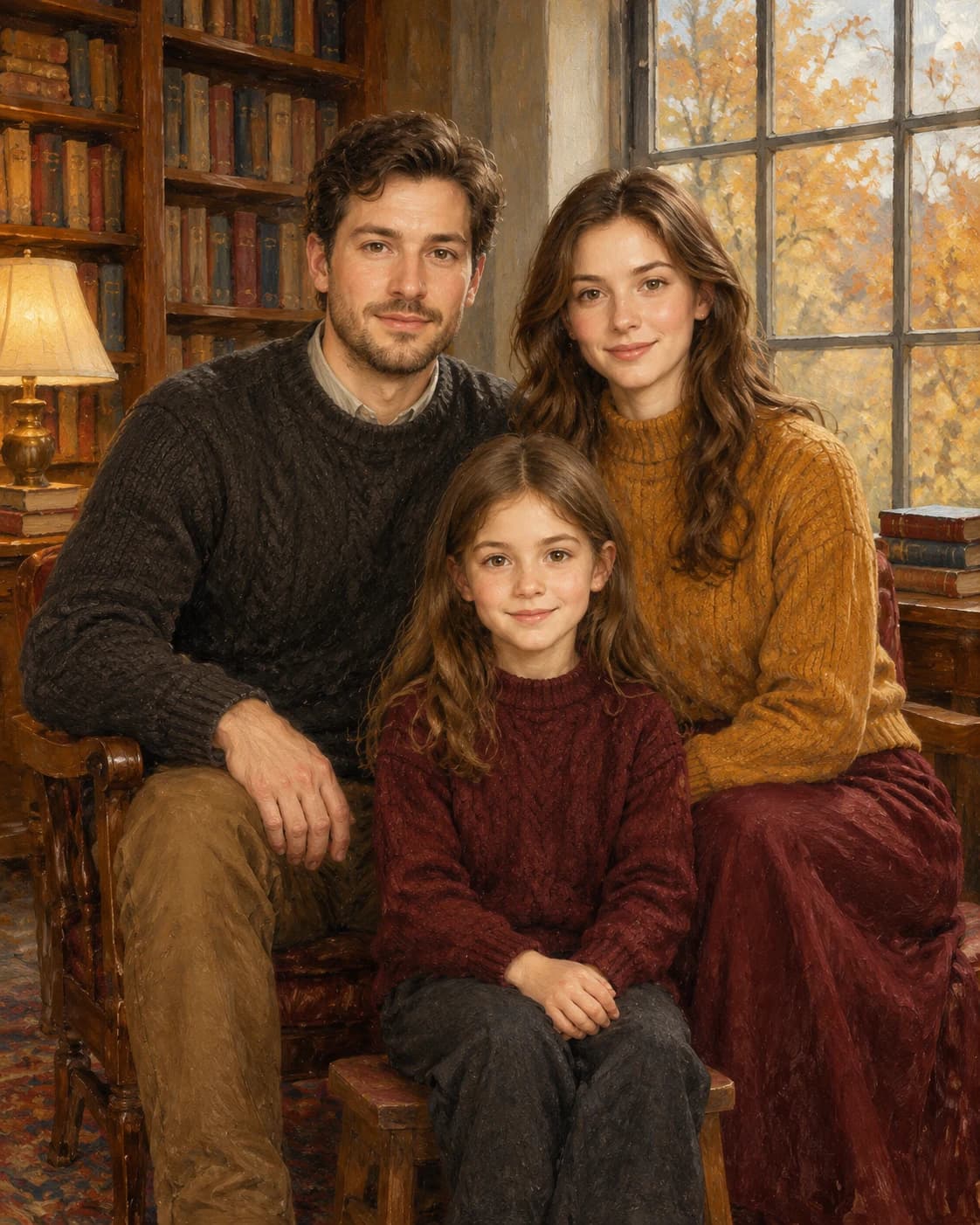 Autumn Reading Family: Autumn Reading Family: a quiet library with a large window and closed books, with warm ochre, burgundy and charcoal knitwear.