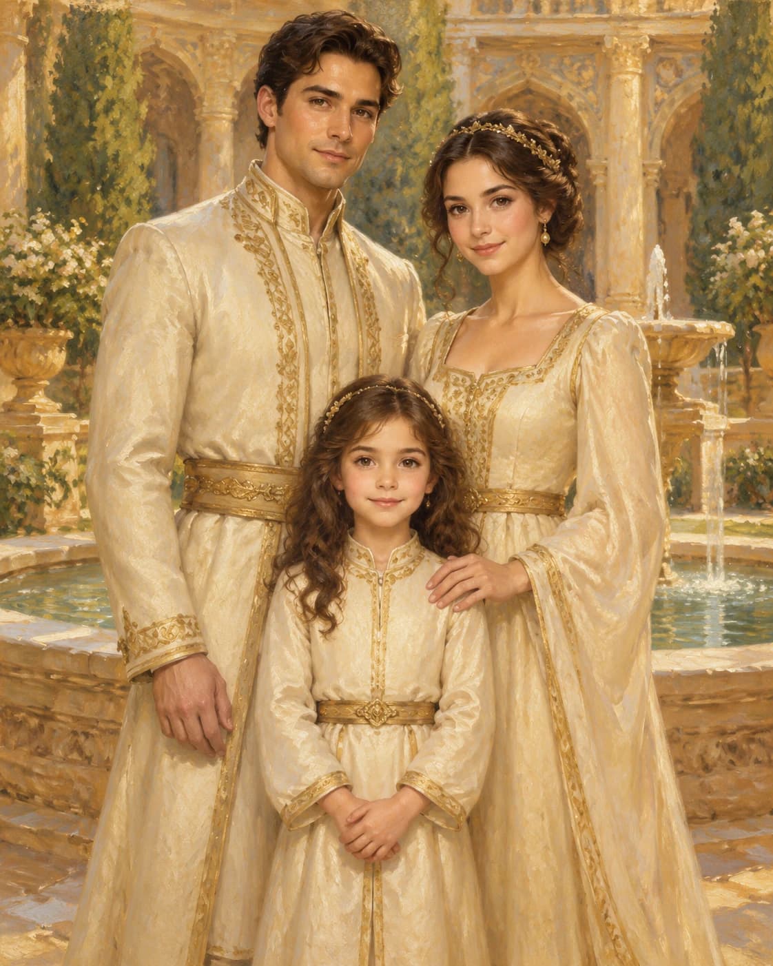 Golden Courtyard Trio: Golden Courtyard Trio: an invented palace courtyard with a shallow fountain, with coordinated cream court attire with muted gold trim.