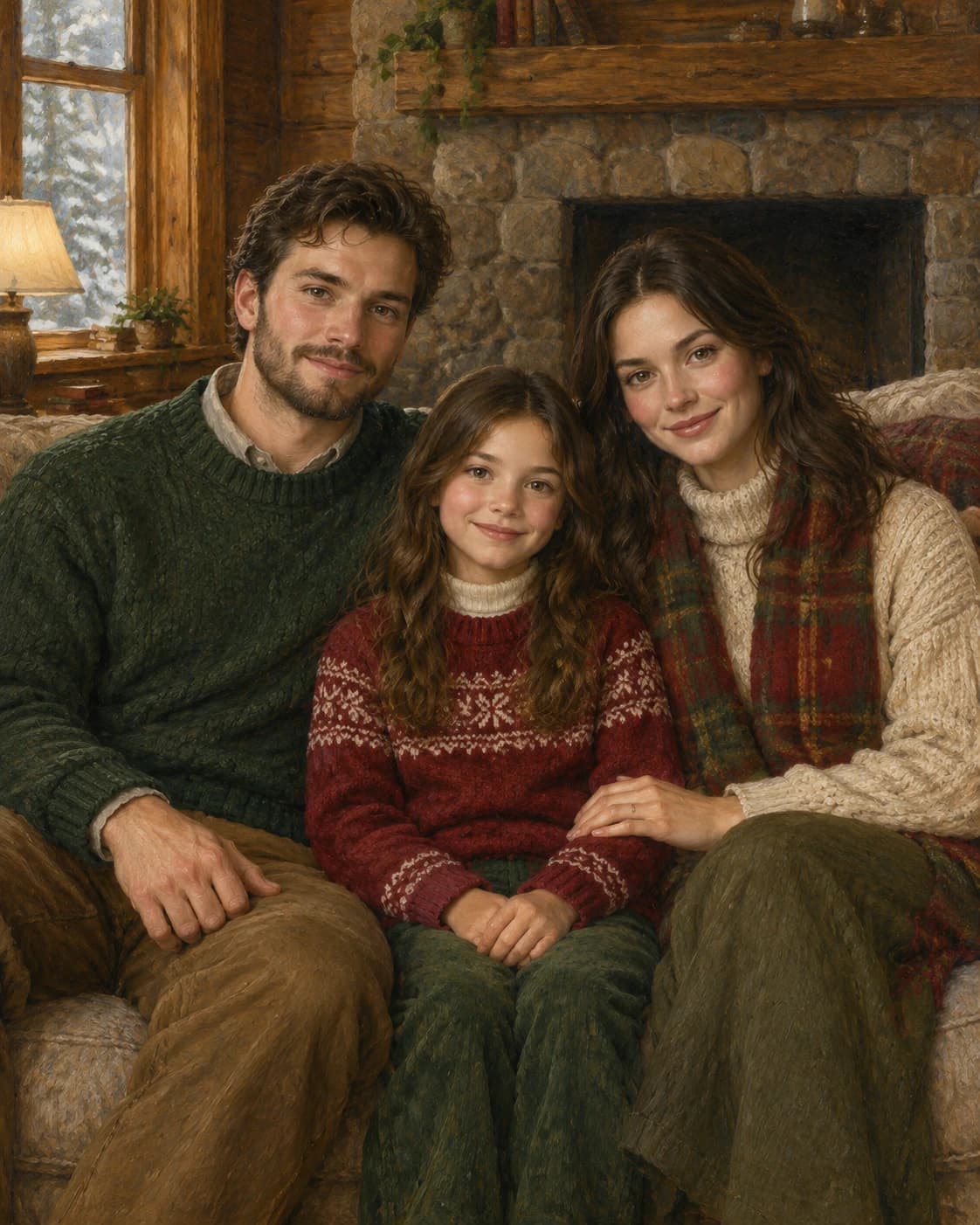 Winter Hearth Family: Winter Hearth Family: a timber living room with an unlit stone fireplace, with forest, cranberry and oatmeal winter clothing.