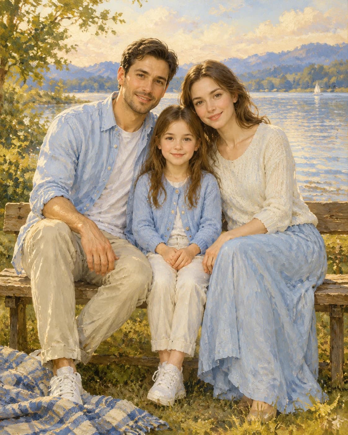 Lakeside Picnic Family: Lakeside Picnic Family: a calm lakeshore with a folded picnic blanket, with pale blue and ivory casual clothes.