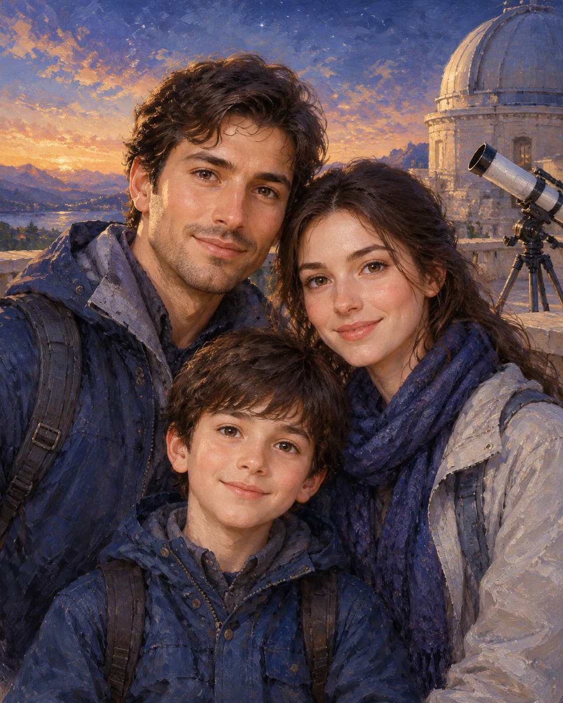 Stargazer Family Three: Stargazer Family Three: a fictional observatory terrace with a small telescope, with indigo, silver and slate modest travel clothing.