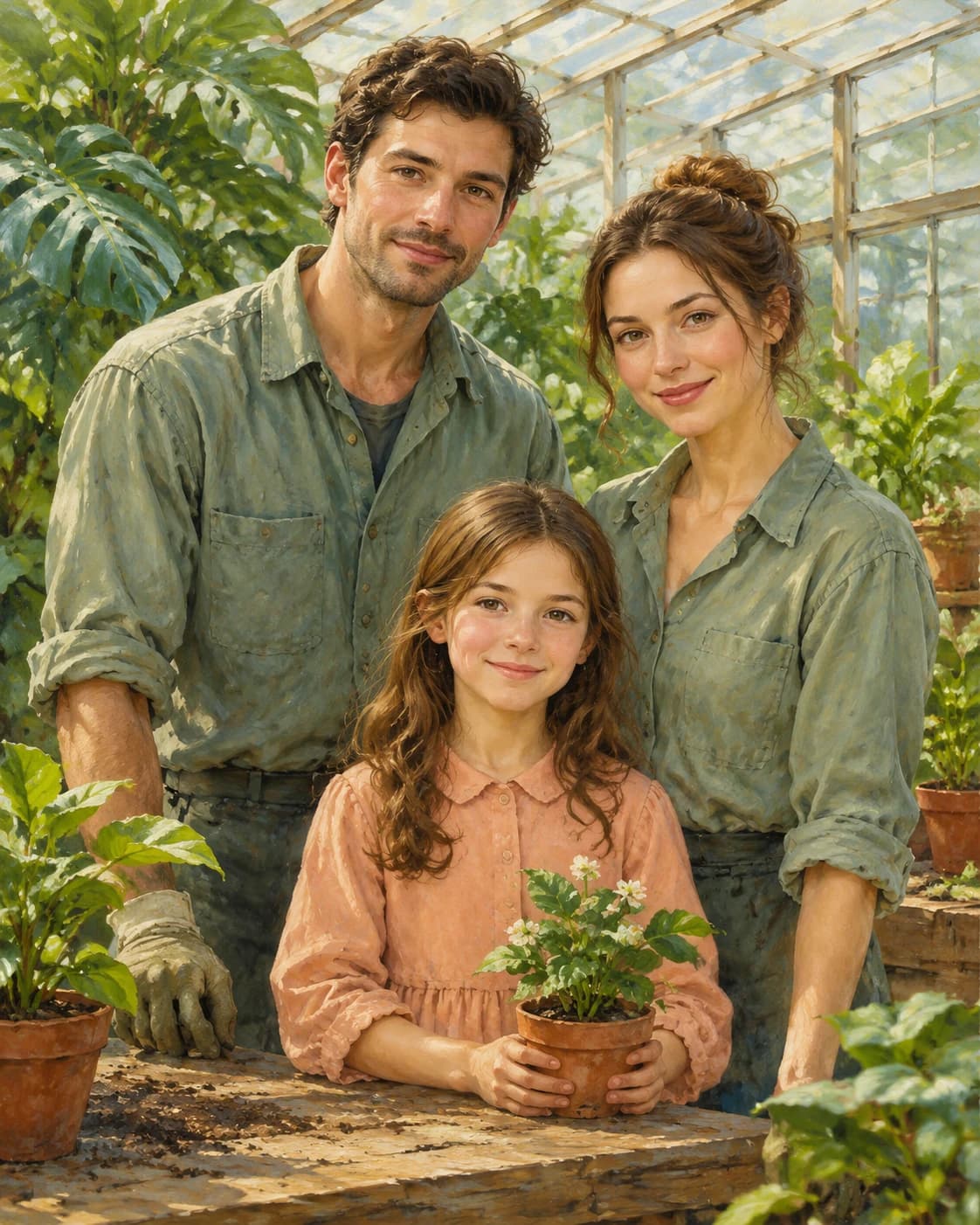 Spring Greenhouse Trio: Spring Greenhouse Trio: a glass greenhouse filled with broad-leaf plants, with sage work shirts and a modest peach child outfit.