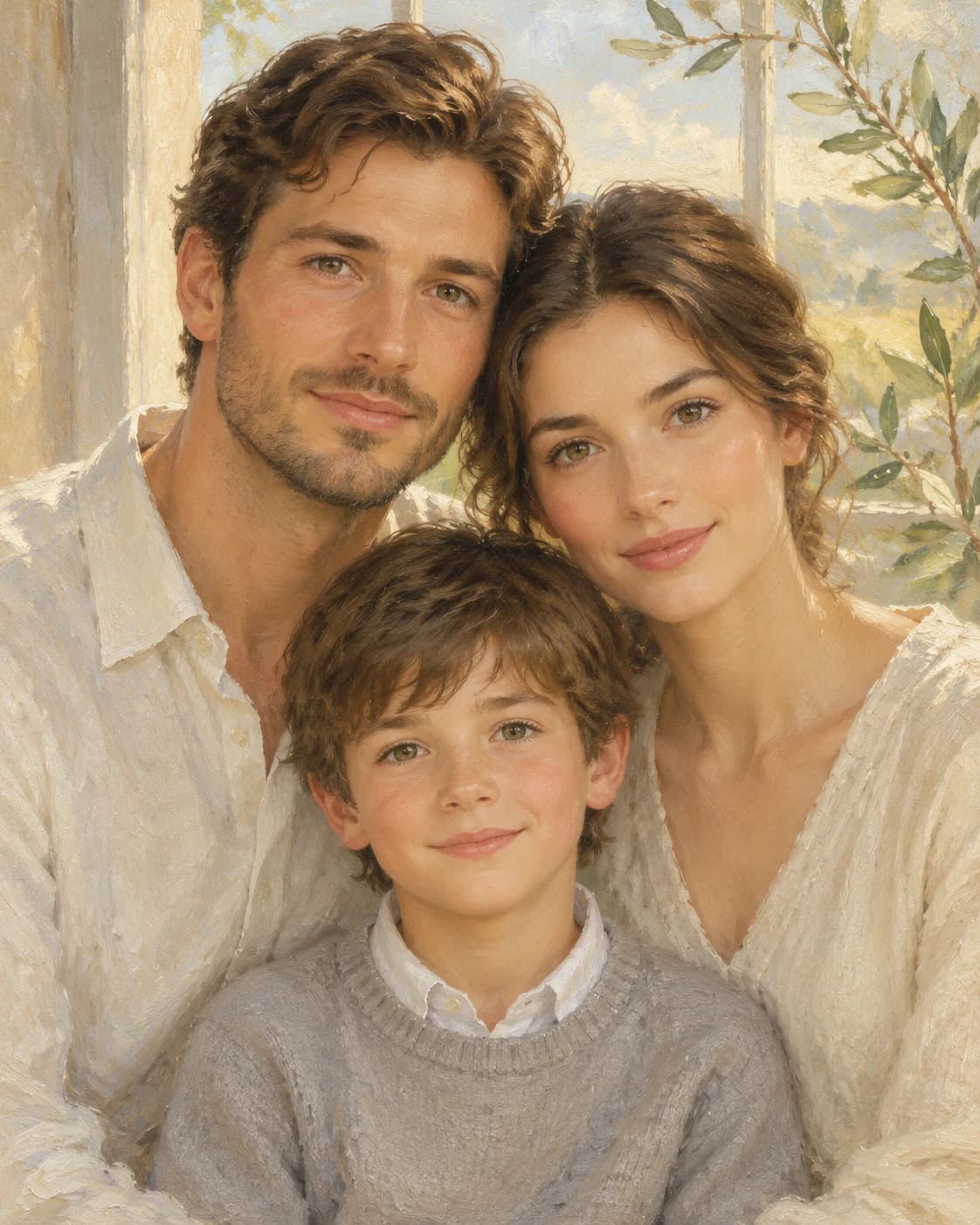 Sunlit Remembrance Family: Sunlit Remembrance Family: a peaceful window with sparse olive branches, with plain ivory and soft-gray clothing.