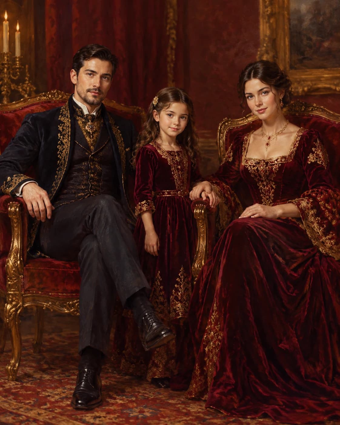 Velvet Court Family Trio: Velvet Court Family Trio: a fictional crimson palace salon, with burgundy, midnight and antique-gold formal outfits.