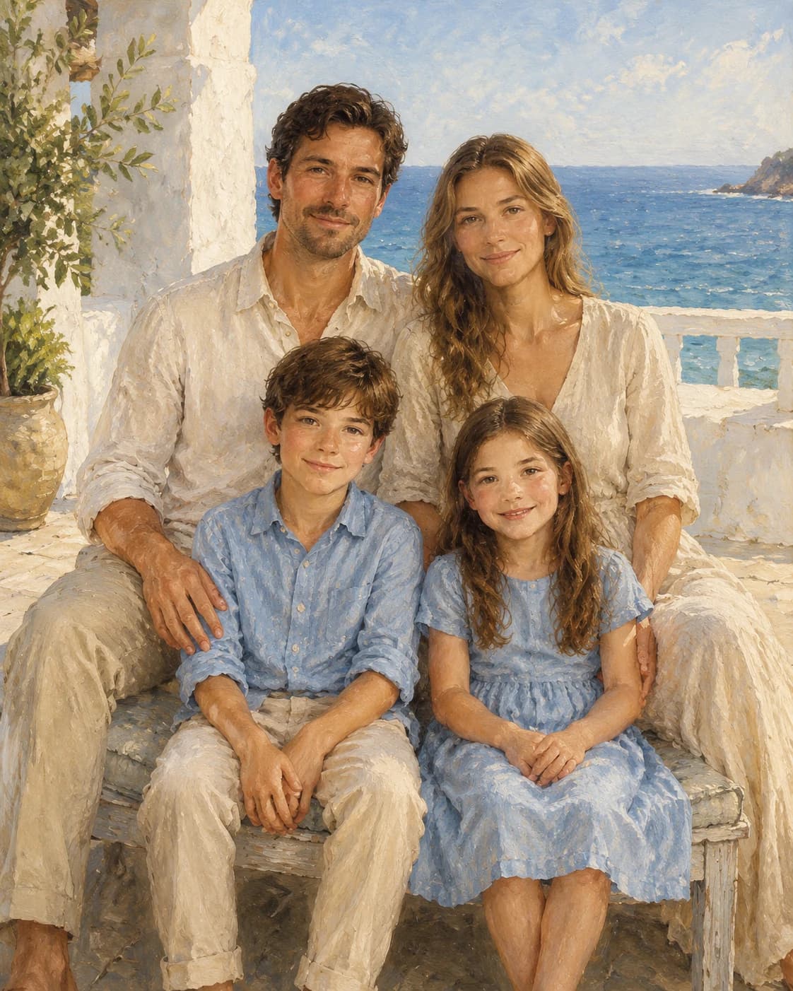 Coastal Family Quartet: Coastal Family Quartet: a whitewashed veranda overlooking the sea, with cream, sand and muted blue linen outfits.