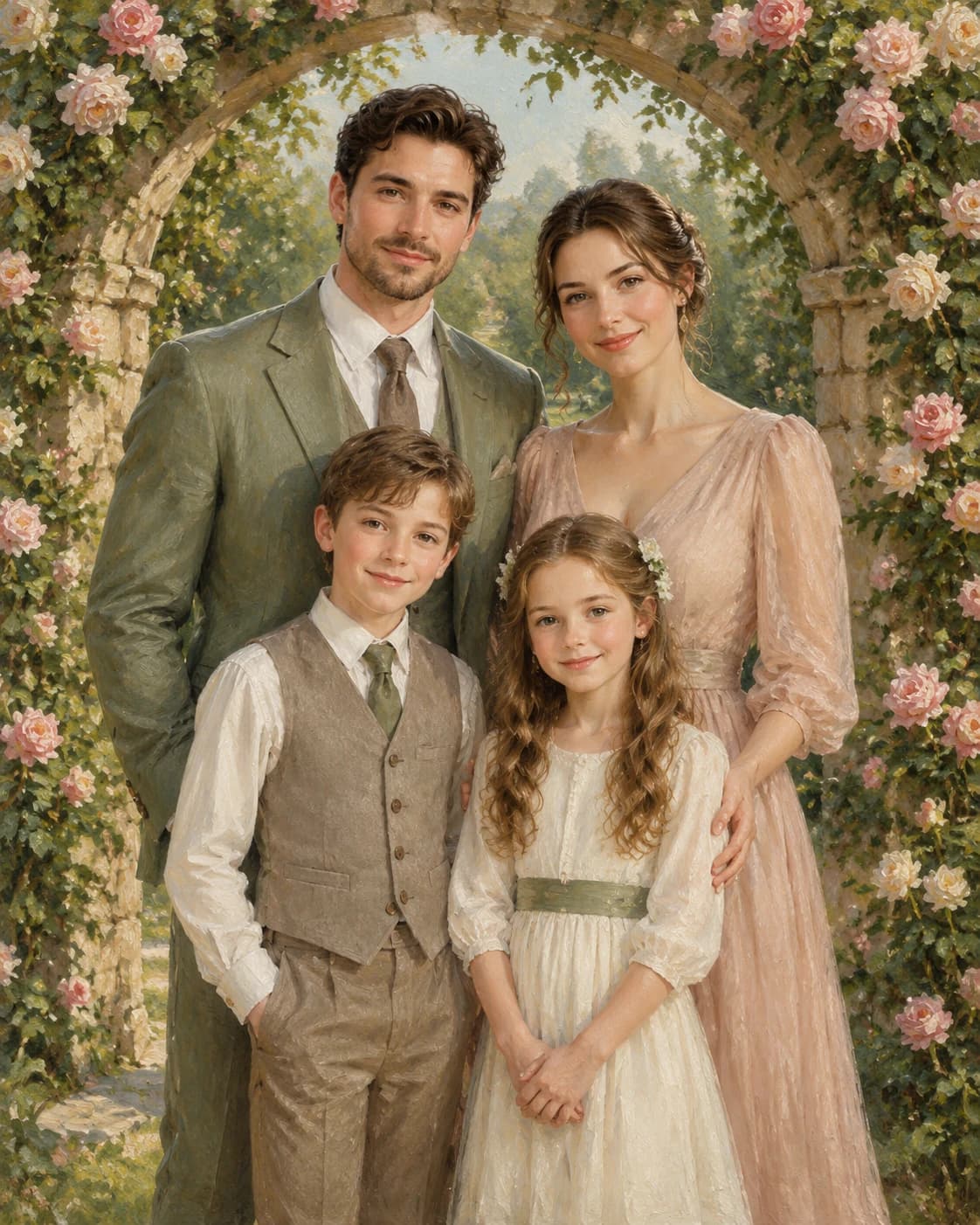 Garden Arch Family Four: Garden Arch Family Four: a rose-covered stone garden arch, with sage, blush, ivory and taupe formal clothes.