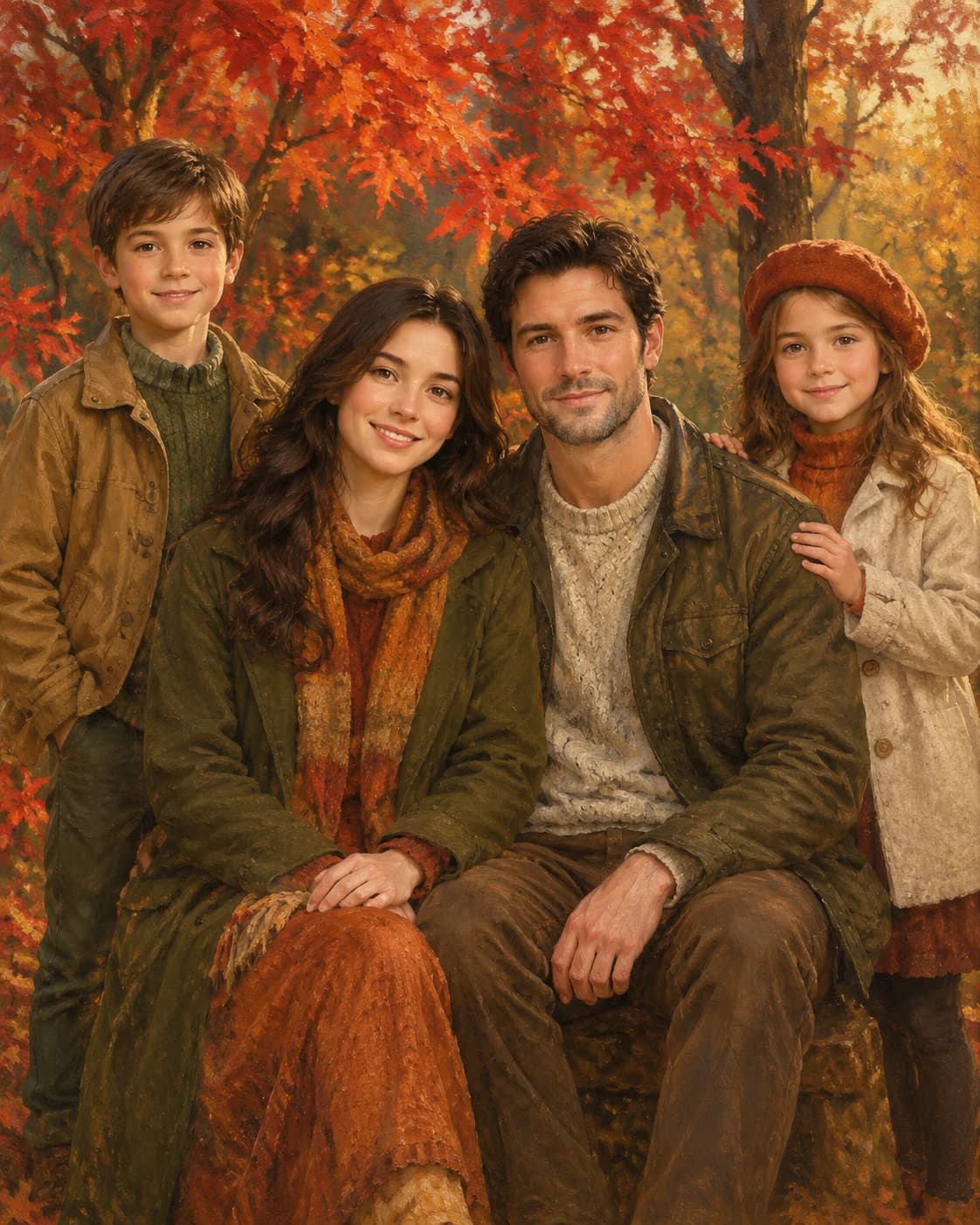 Maple Grove Family Four: Maple Grove Family Four: a warm autumn grove with red maple leaves, with olive, rust and oatmeal layered clothing.