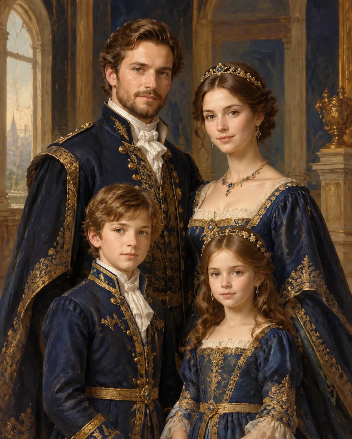 Royal Gallery Quartet: Royal Gallery Quartet: an invented palace gallery without background portraits, with navy and gold court outfits with individually varied collars.