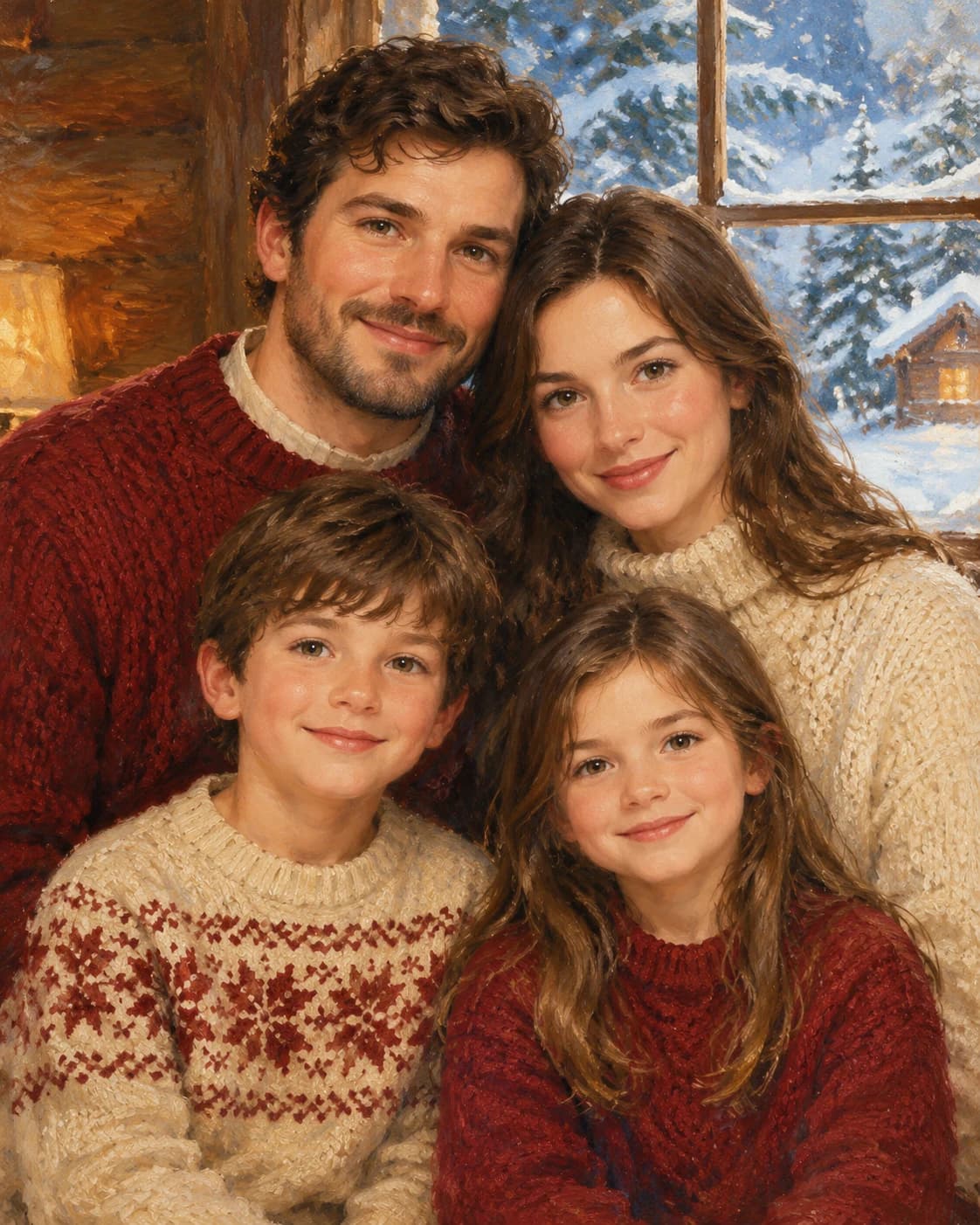 Snow Cabin Family Four: Snow Cabin Family Four: a snowy cabin window with warm indoor light, with cranberry and cream wool sweaters.