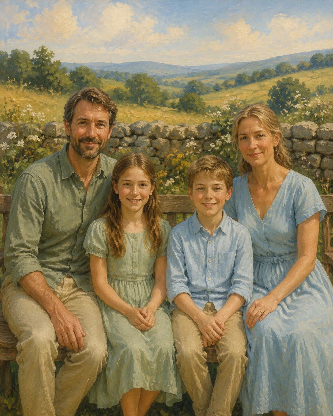 Countryside Family Keepsake: Countryside Family Keepsake: a rolling meadow with a low stone wall, with simple sage and pale-blue country clothing.
