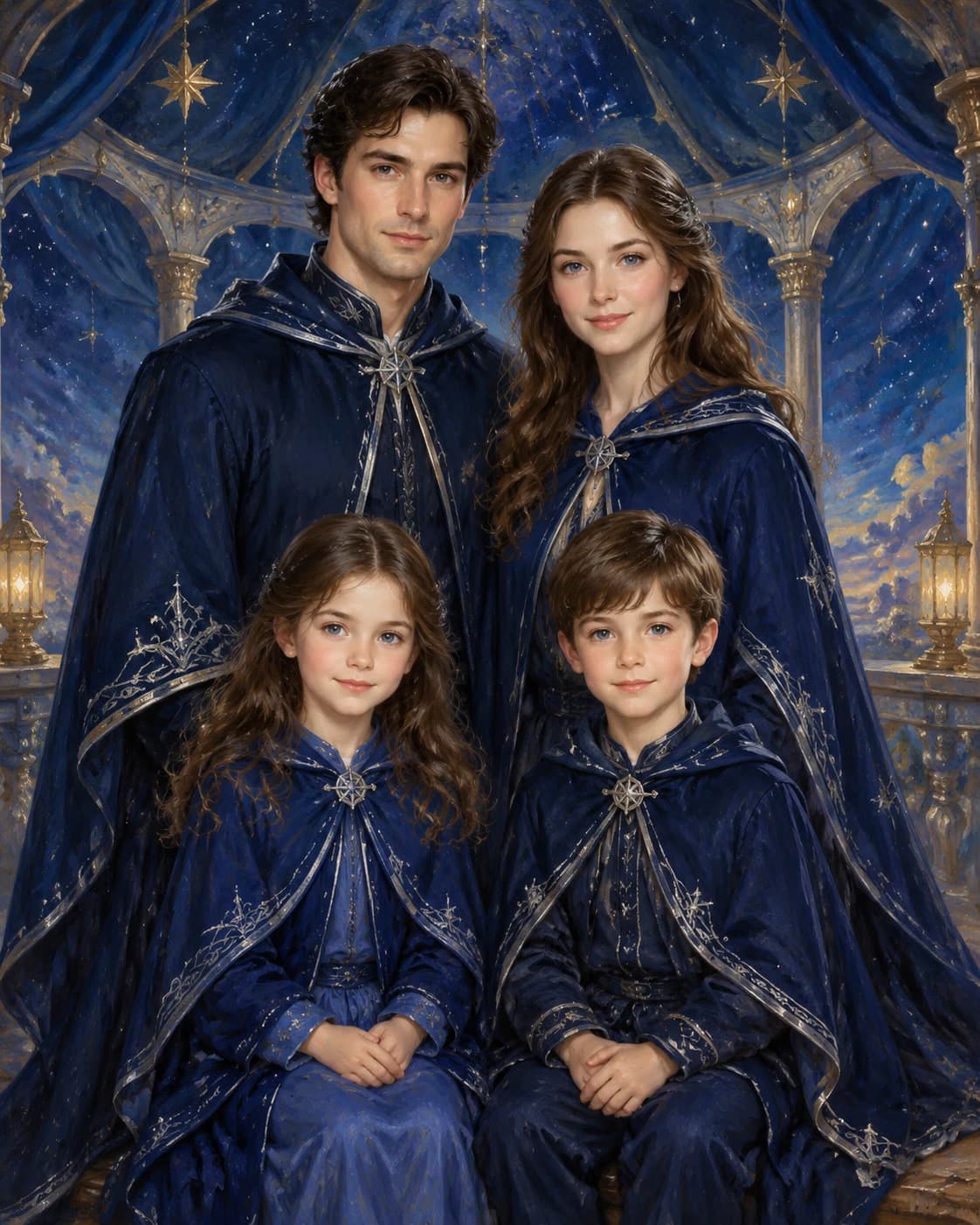 Celestial Family Quartet: Celestial Family Quartet: an invented star-lit pavilion with a deep blue canopy, with midnight-blue fantasy cloaks with silver trim.