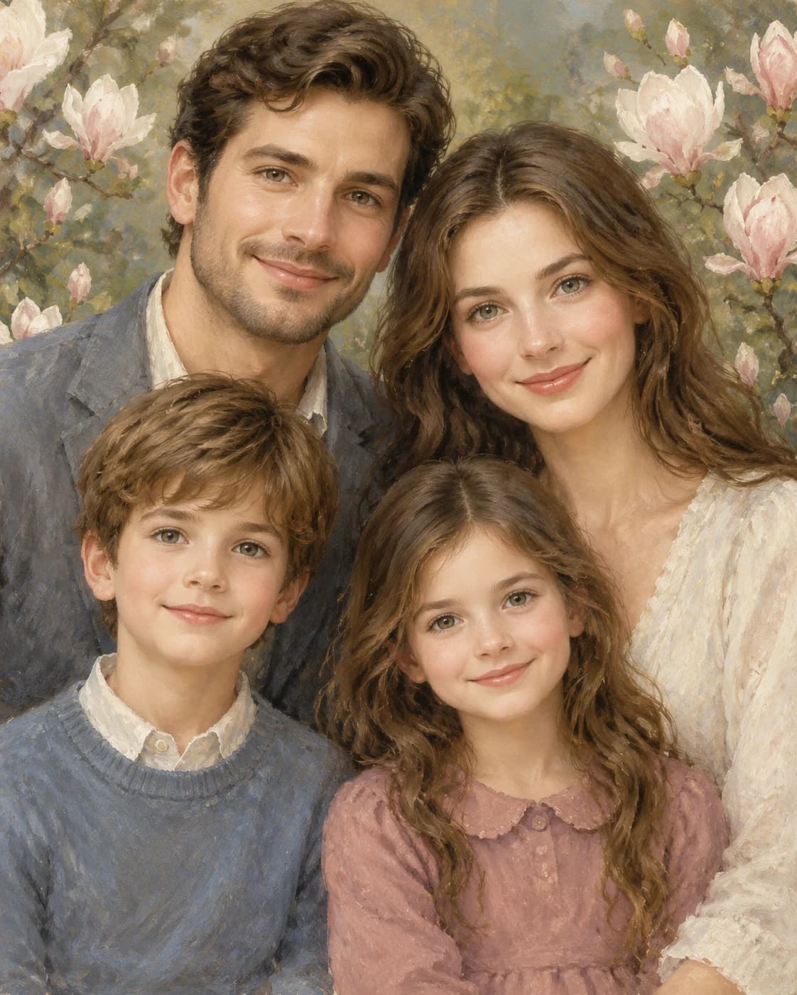 Magnolia Family Embrace: Magnolia Family Embrace: a soft magnolia garden with restrained blossoms, with ivory, dusty rose and gray-blue clothes.